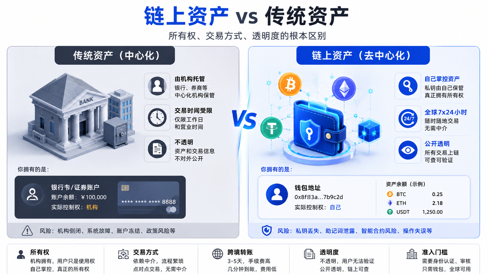 链上资产与传统资产对比图,说明银行券商托管资产和钱包自主管理资产在所有权、交易时间、透明度和跨境转账上的区别。
