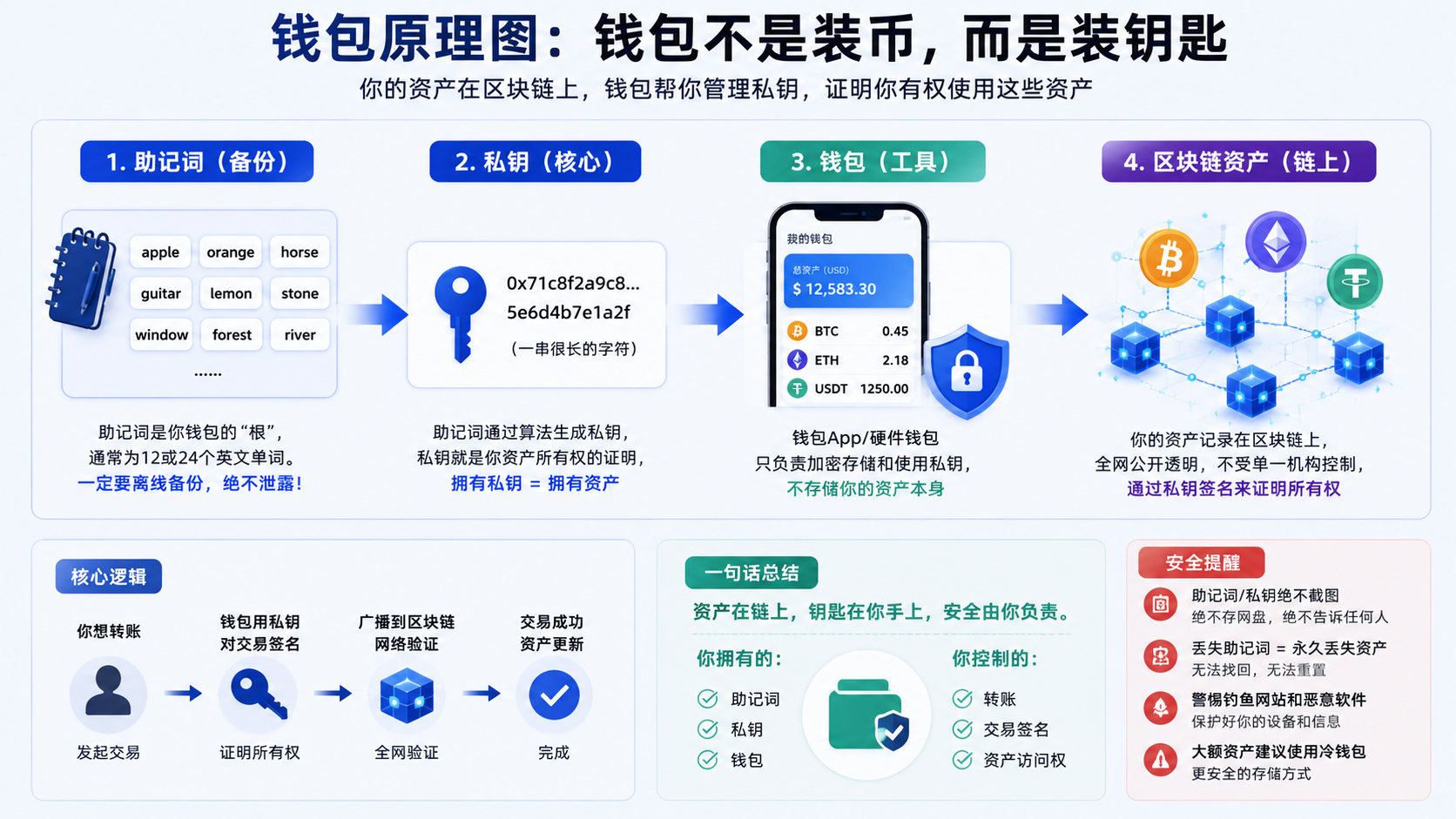 加密钱包原理图,展示助记词、私钥、钱包App和区块链资产之间的关系,帮助新手理解钱包不是装币而是管理私钥。