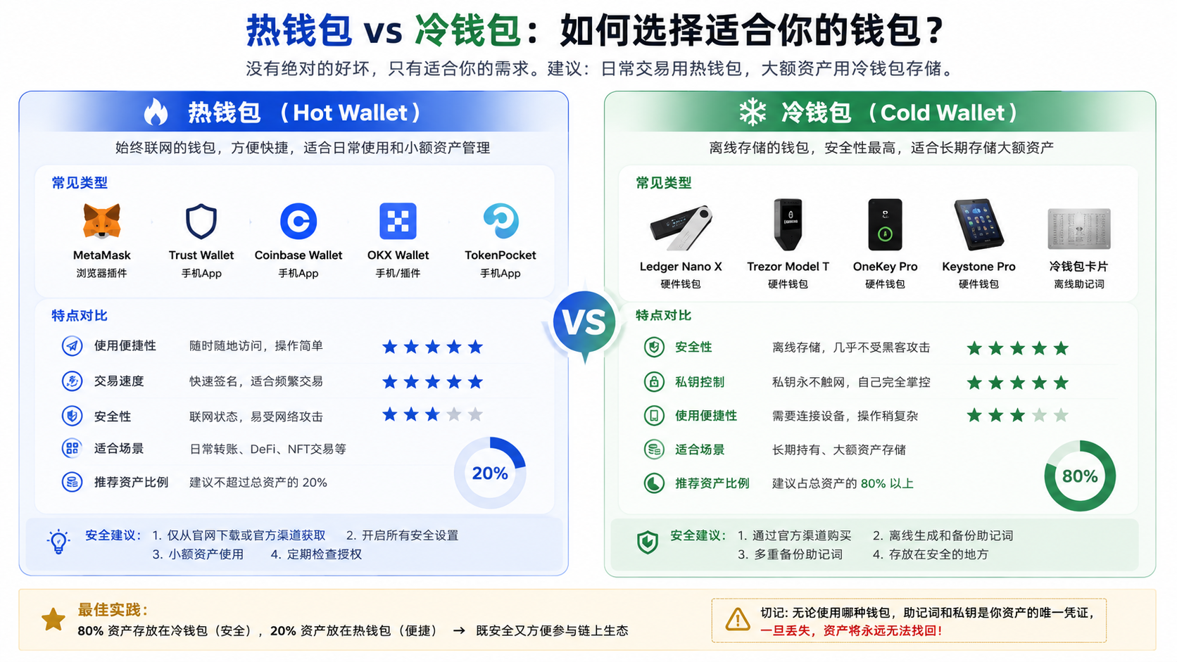 热钱包与冷钱包对比图,说明MetaMask、Trust Wallet等热钱包和Ledger、Trezor、OneKey等冷钱包在安全性、便利性和适合资产规模上的区别。