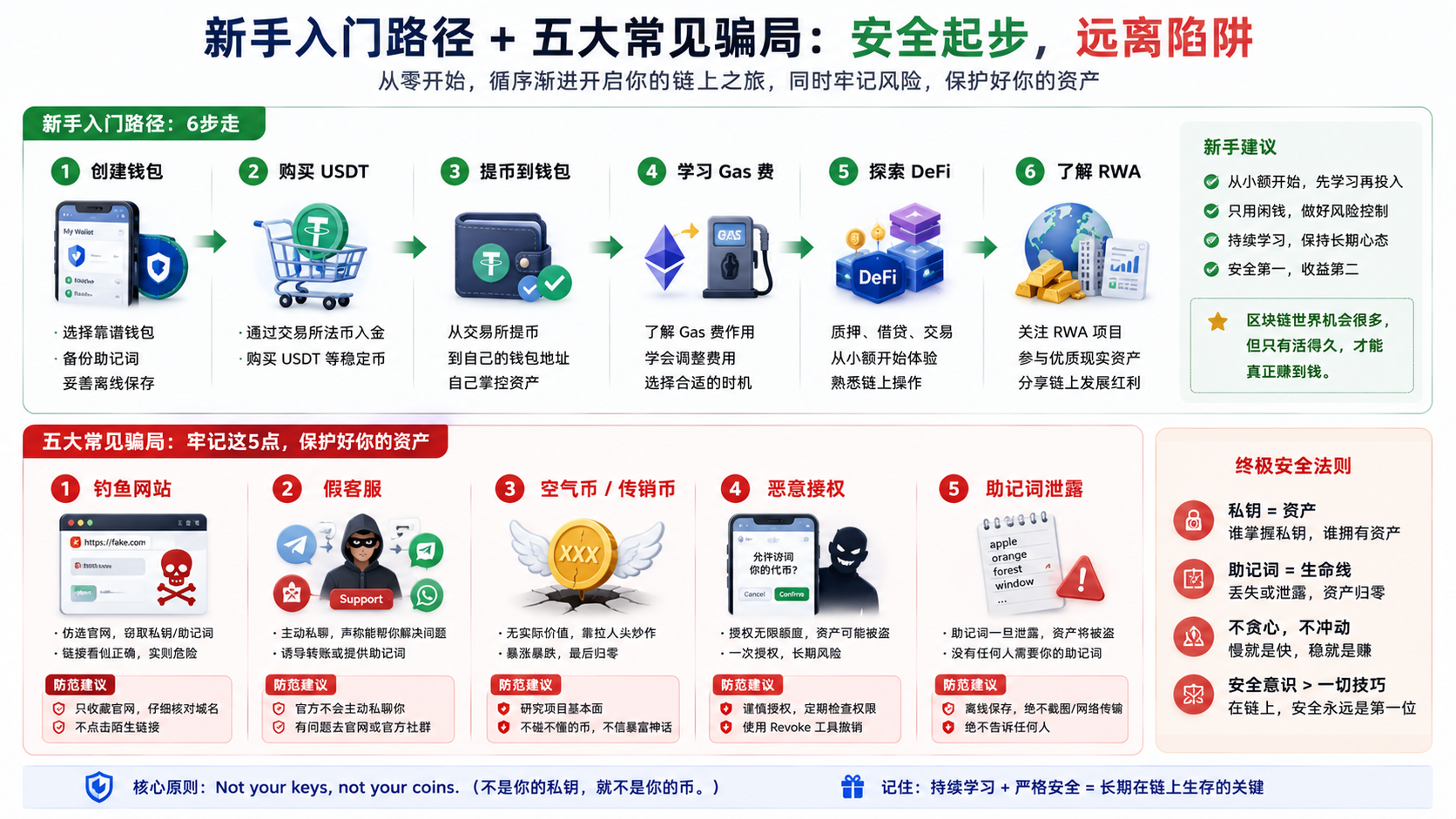 链上资产新手入门路径与常见骗局图,展示创建钱包、购买USDT、提币、学习Gas费、探索DeFi和RWA的流程,并提醒钓鱼网站、假客服、空气币、恶意授权和助记词泄露等风险。