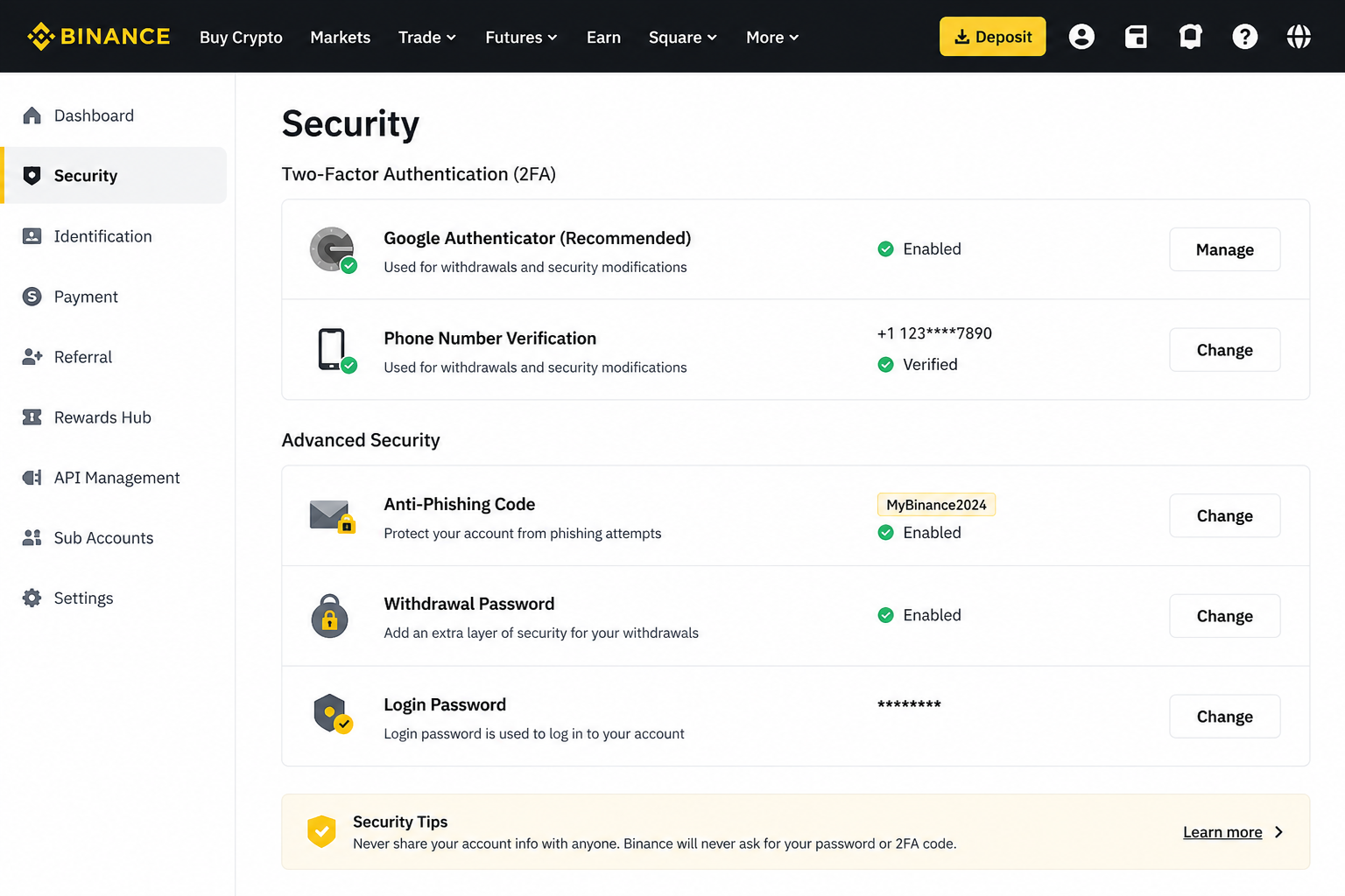 Binance security settings including Google Authenticator binding, anti-phishing code, and withdrawal password protection.