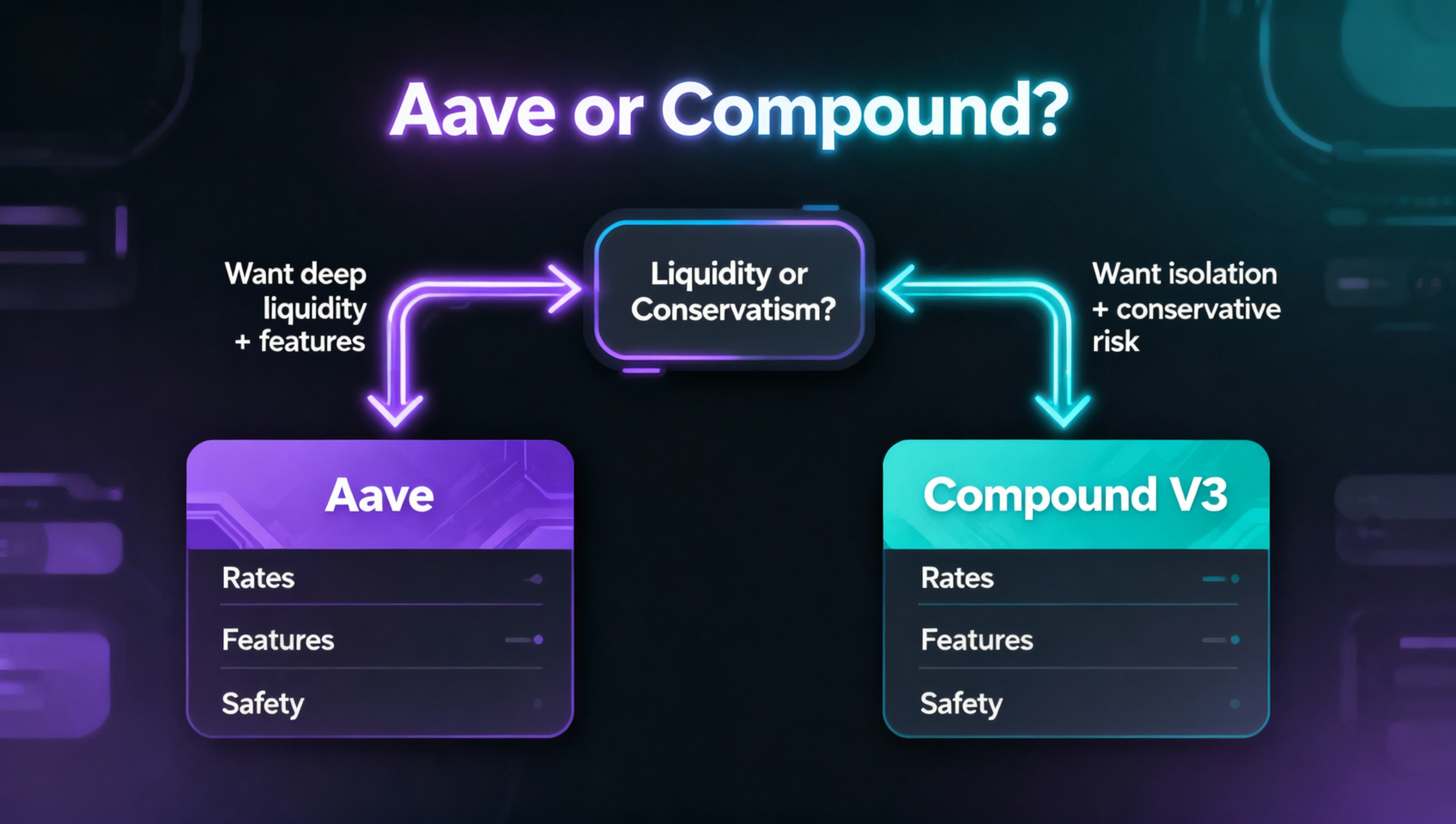 Aave vs Compound 决策流程概念图：先按「要流动性还是要保守」分流，再选择 Aave 或 Compound，深色科技风信息图表