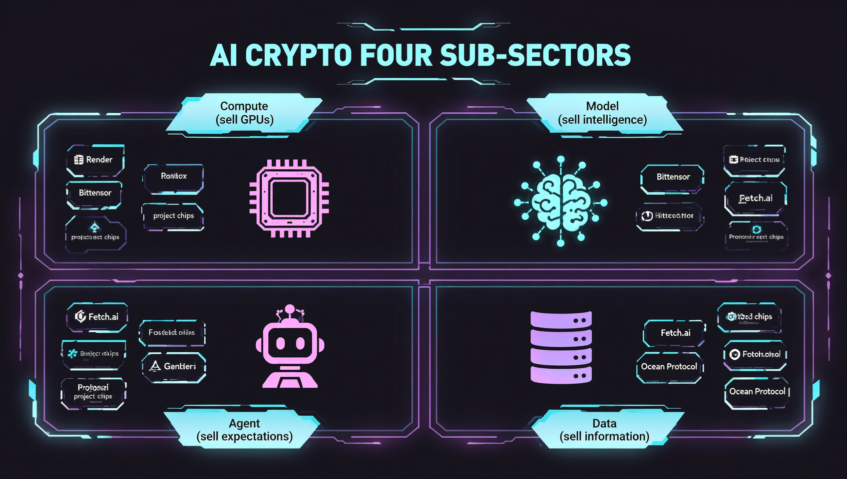 AI 币四大赛道分类图：四个象限分别标注「算力 Compute（卖 GPU）」「模型 Model（卖智能）」「智能体 Agent（卖预期）」「数据 Data（卖信息）」，每个象限配代表项目图标，深色科技风