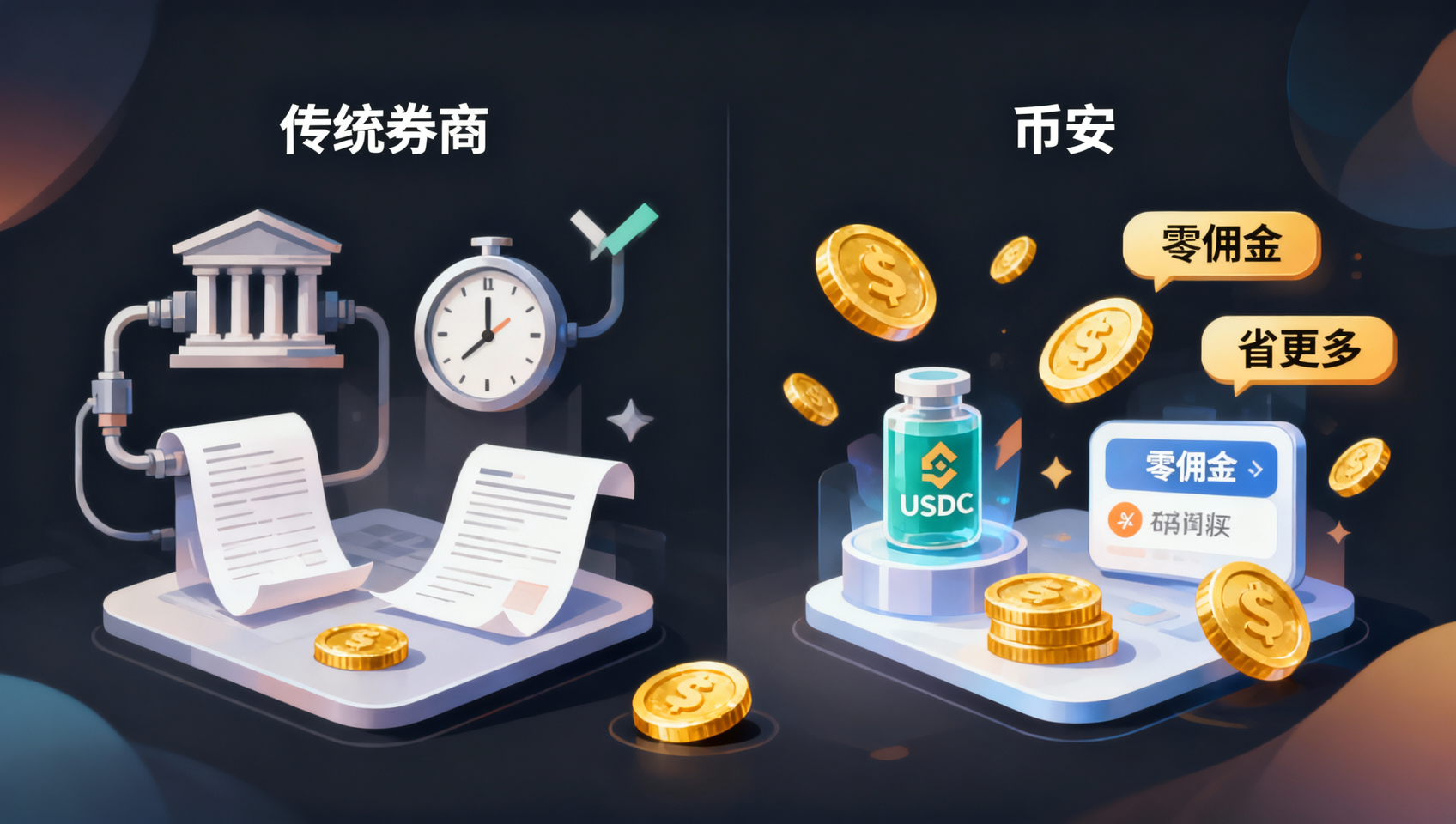 Comparison chart: traditional broker vs Binance US stock costs — USDC zero-commission trading