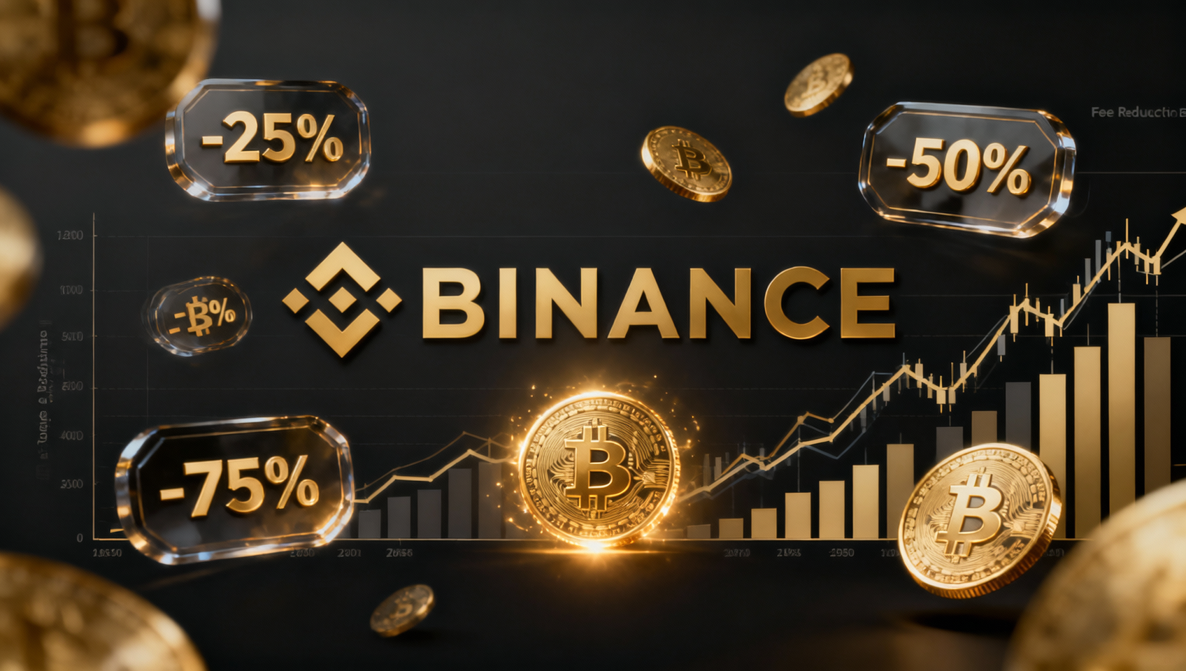 Binance fee reduction guide 2026 showing BNB discount, VIP tiers and referral code savings - professional banner.