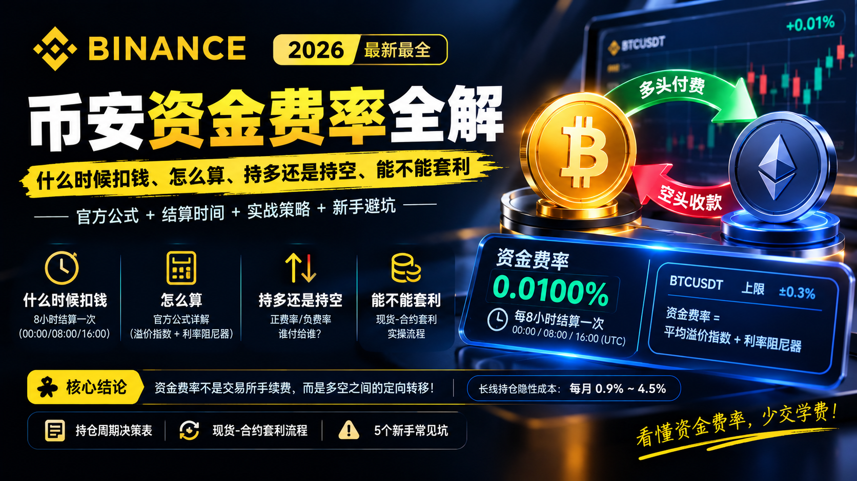 币安资金费率全解：什么时候扣钱、怎么算、持多还是持空、能不能套利（2026）