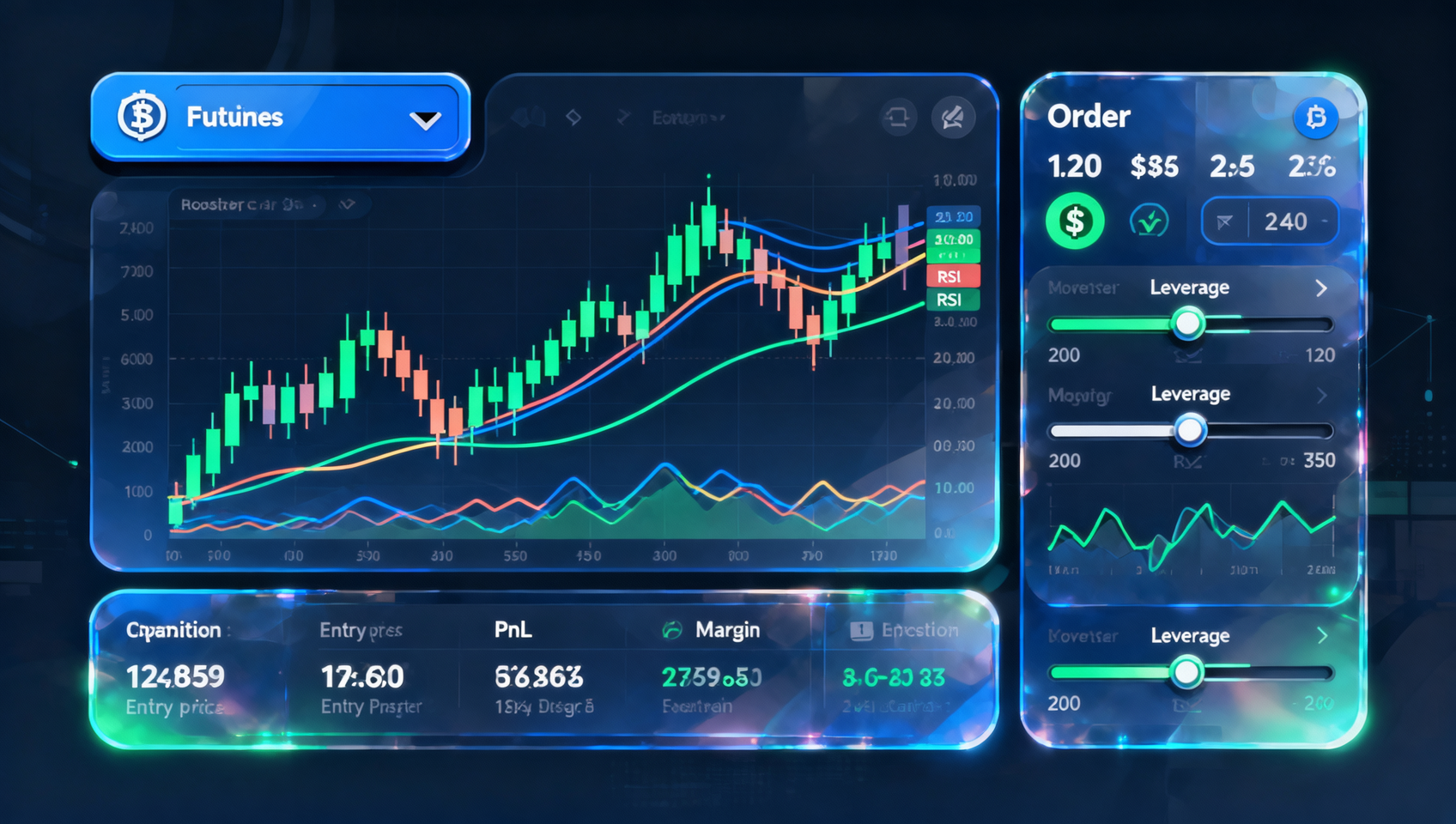 Diagrama de la interfaz de trading de futuros perpetuos de Binance, que muestra cuatro áreas: selección de par de trading, gráfico de velas, panel de órdenes e información de posiciones