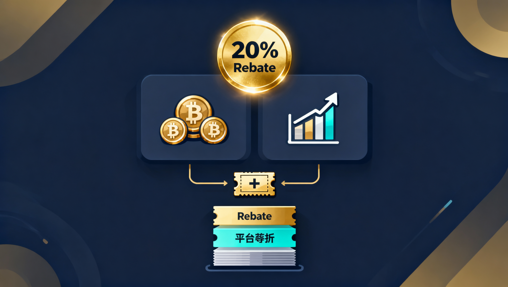 Binance referral code BINANBT rebate scope table showing 20% spot and futures fee rebate, settlement and stacking with BNB discount