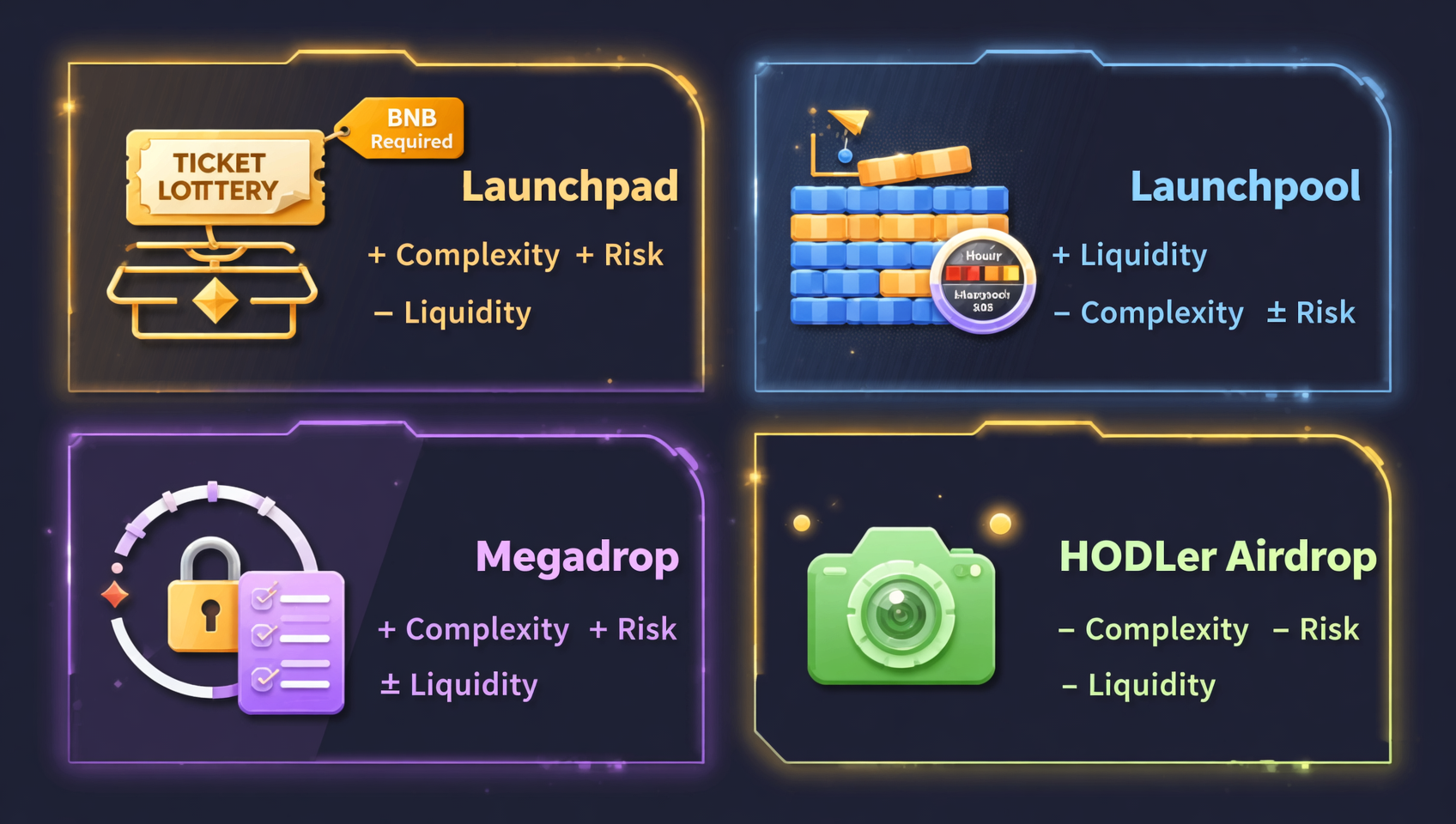 币安四大打新机制对比图：Launchpad、Launchpool、Megadrop、HODLer空投的操作流程、锁仓要求和收益特征对比，暗色金融风格