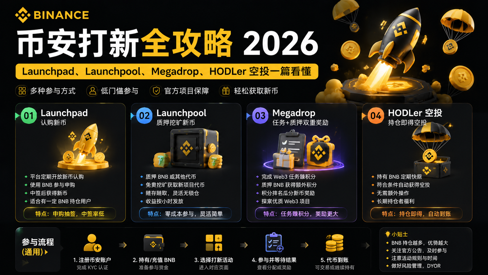 币安打新全攻略 2026：Launchpad、Launchpool、Megadrop、HODLer空投一篇看懂