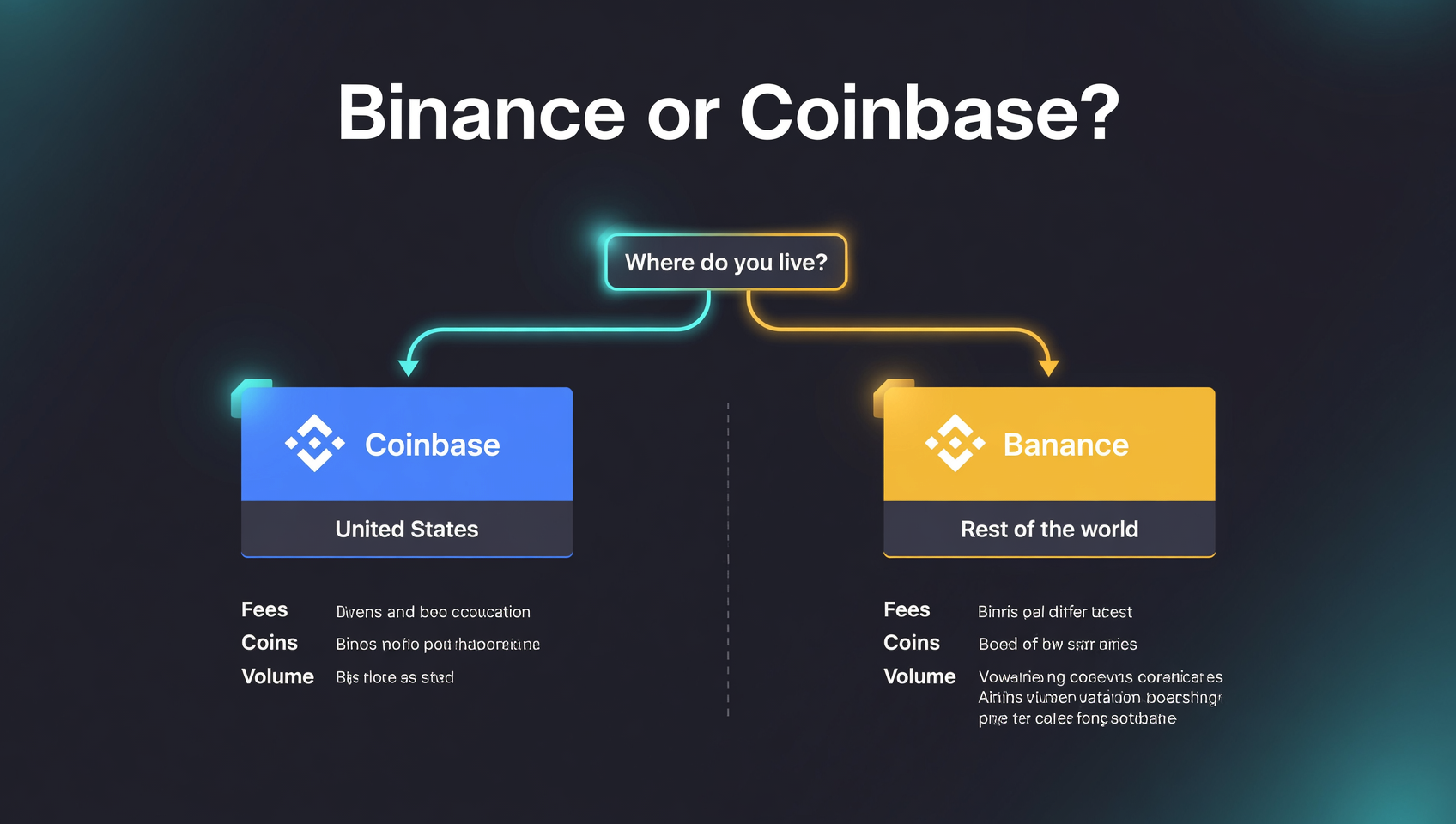 币安 vs Coinbase 决策流程概念图：先按所在地区选择，再按交易需求选择，深色科技风信息图表