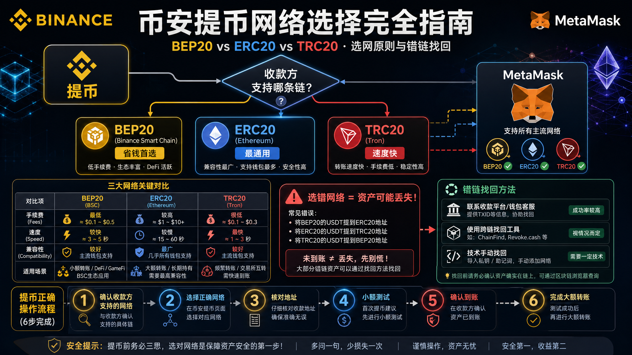 币安提币到MetaMask选哪个网络？BEP20和ERC20区别与找回