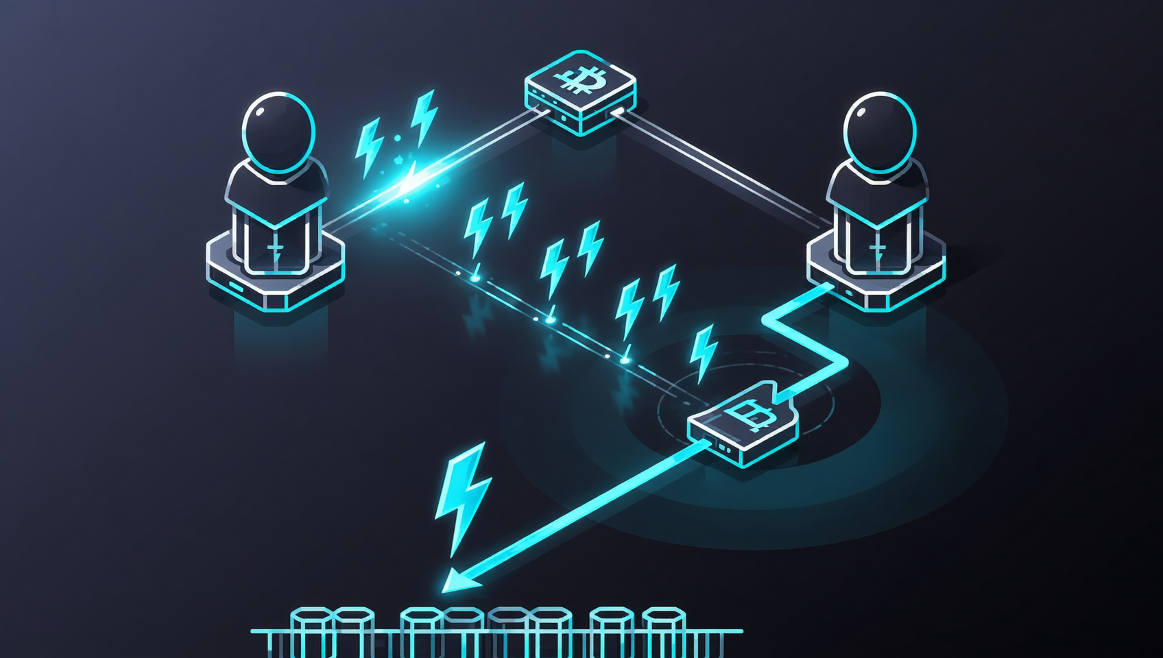 Diagrama del canal de pago de Lightning Network mostrando la apertura fuera de la cadena, transferencias frecuentes y liquidación final en la cadena principal