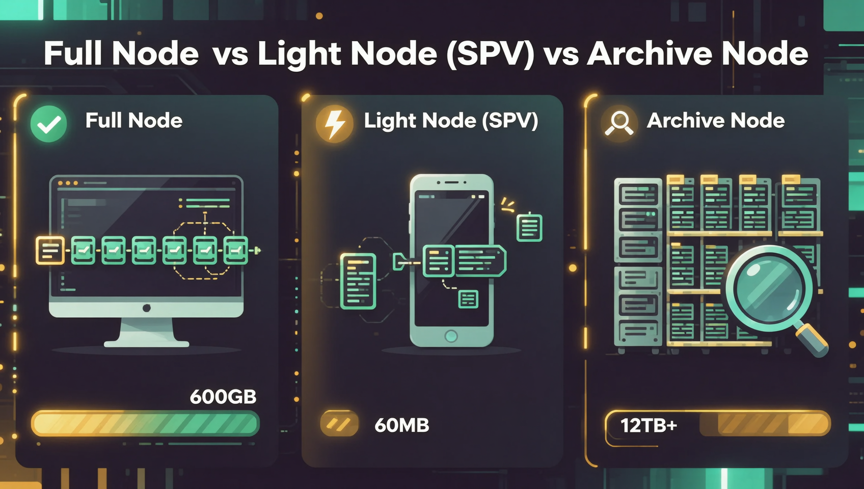Comparison diagram of three blockchain node types: Full Node stores complete blockchain data and independently verifies, Light Node stores only block headers and verifies via Merkle proofs, Archive Node retains all historical state snapshots, with storage size comparison bars below