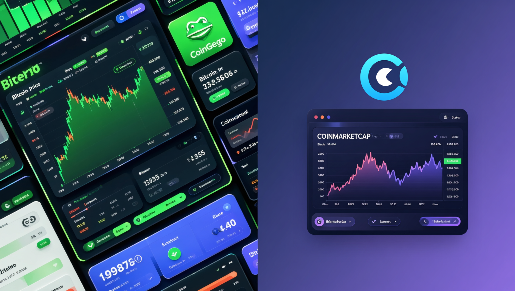 CoinGecko和CoinMarketCap双平台主界面并排对比展示，左侧CoinGecko数据面板更密集，右侧CoinMarketCap设计更简洁，上方显示两者价格数据基本一致，现代金融科技风格，深色背景，蓝色和紫色主题配色，无文字
