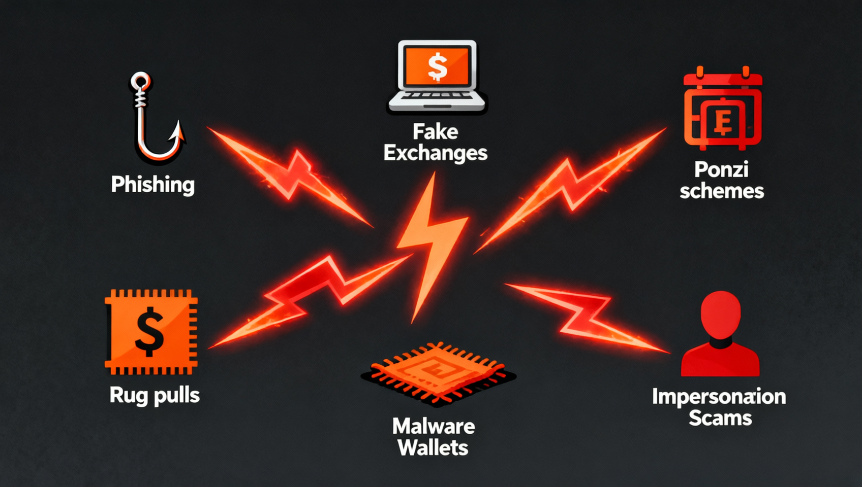 不同类型加密骗局的关系图，包括Rug Pull、钓鱼攻击、杀猪盘、SIM Swap等，用警示线连接