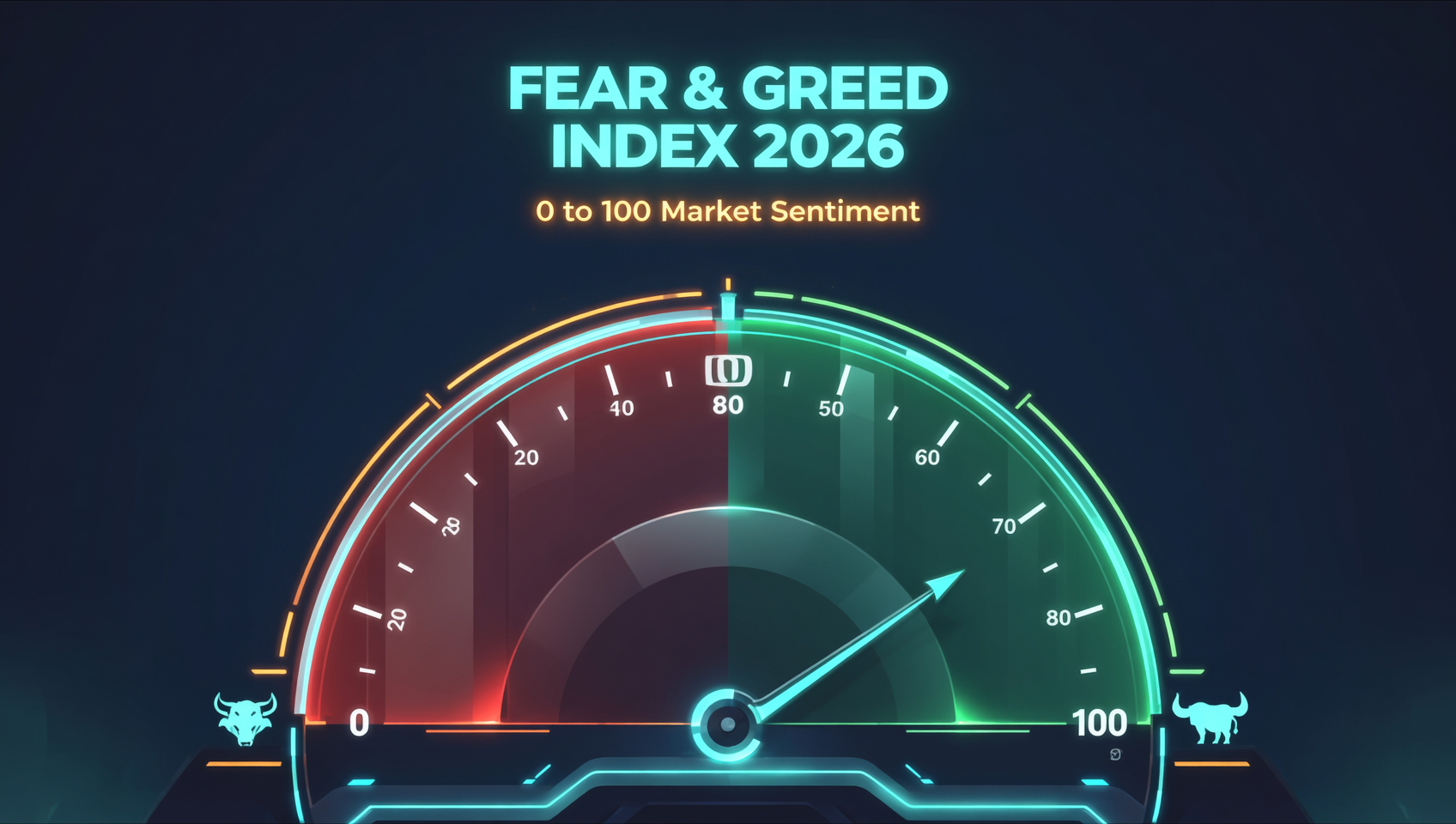 恐惧贪婪指数怎么看2026封面——0到100的市场情绪温度计，6大因子权重与五档情绪区间，深色科技风信息图