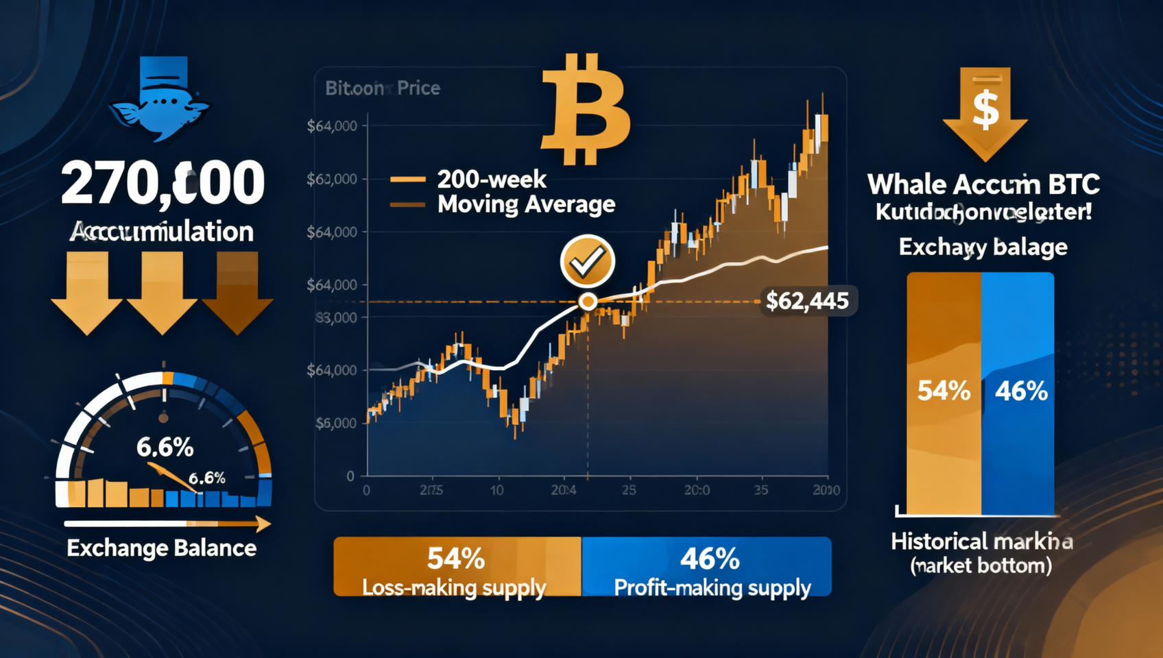 2026年7月13日加密市场深度分析 — BTC $64K盘整、200周均线第4天确认守住、鲸鱼两周累计270,000 BTC $167亿、亏损供应54%首超盈利历史底部特征、交易所余额6.6%创7年新低、三重催化剂本周待发
