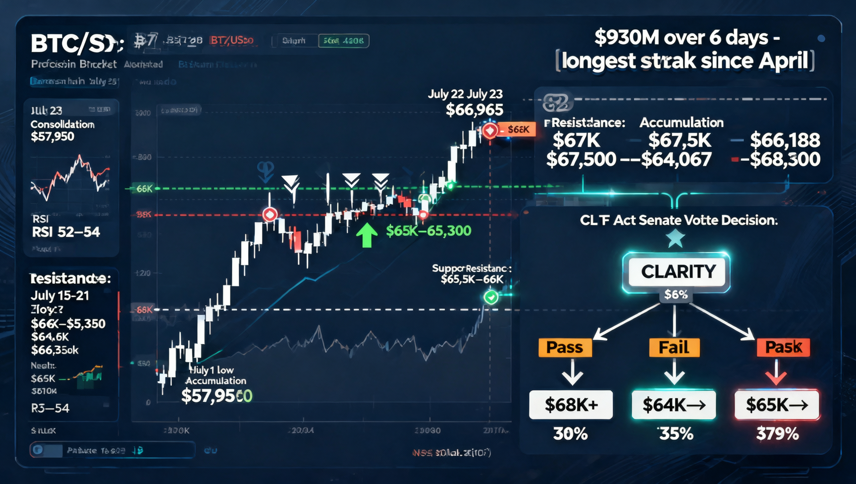 2026年7月23日加密市场深度分析 — BTC $66,188 $66K上方整固 24h -0.3% 昨日$65K突破最高$66,965 ETF六连流入$9.3亿 4月来最长连入 CLARITY法案参院今日投票 SEC CFTC管辖划分 XRP数字商品 通过冲$68K+ 受阻回$64K-$65K Hester Peirce DeFi金库证券警告 MORPHO跌5% ETH $1,947 +1.3% ETH/BTC 0.0295走弱 恐惧贪婪33 BTC dominance 59% FOMC 7月28-29日
