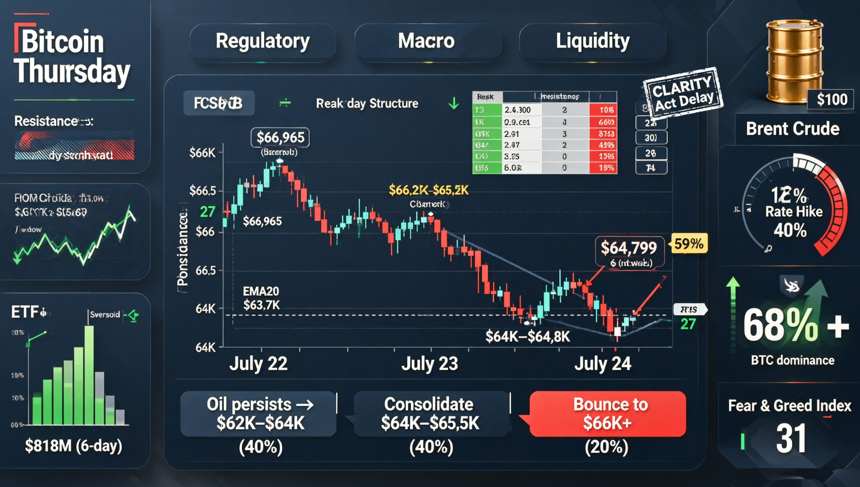 2026年7月24日加密市场深度分析 — BTC从$66K回踩至$65K $64,799三日低点 24h -1.5%~-2% 三重利空油价$100/桶突破 CLARITY法案投票延迟 FOMC加息概率40% BTC dominance 68%+ RSI 27逼近超卖 恐惧贪婪31 ETH -2.8% $1,890 SOL -2.5% XRP -2.8% ETF六连流入$8.18亿 关键价位阻力$66K-$66.965 EMA20 $63,702 200周SMA $63,322 情景推演油价持续跌至$62K-$64K 40% 整固$64K-$65.5K 40% 反弹至$66K+ 20%