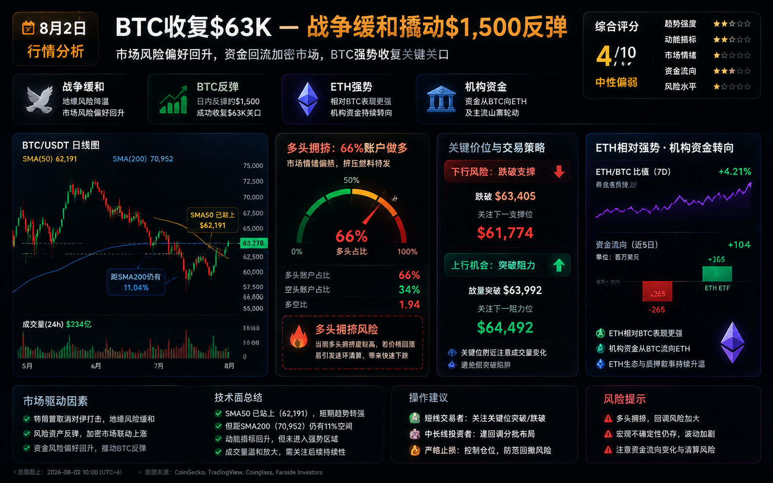 2026年8月2日加密市场深度分析 BTC收复63K 战争缓和反弹 SMA50 多头挤压 200日均线 ETH相对强势