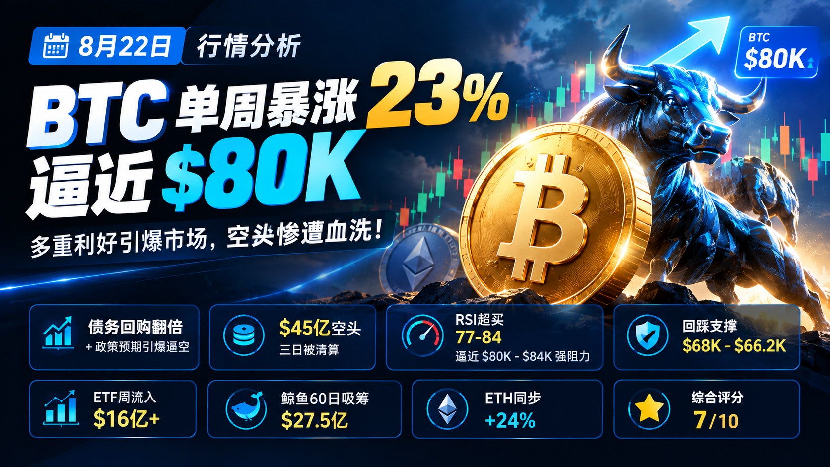 8月22日行情分析：BTC单周暴涨23%逼近$80K — 债务回购翻倍+政策预期引爆逼空、$45亿空头三日被清算、RSI超买77-84逼近$80K-$84K强阻力、回踩支撑$68K-$66.2K、ETF周流入$16亿+鲸鱼60日吸筹$27.5亿、ETH同步+24%、综合评分7/10