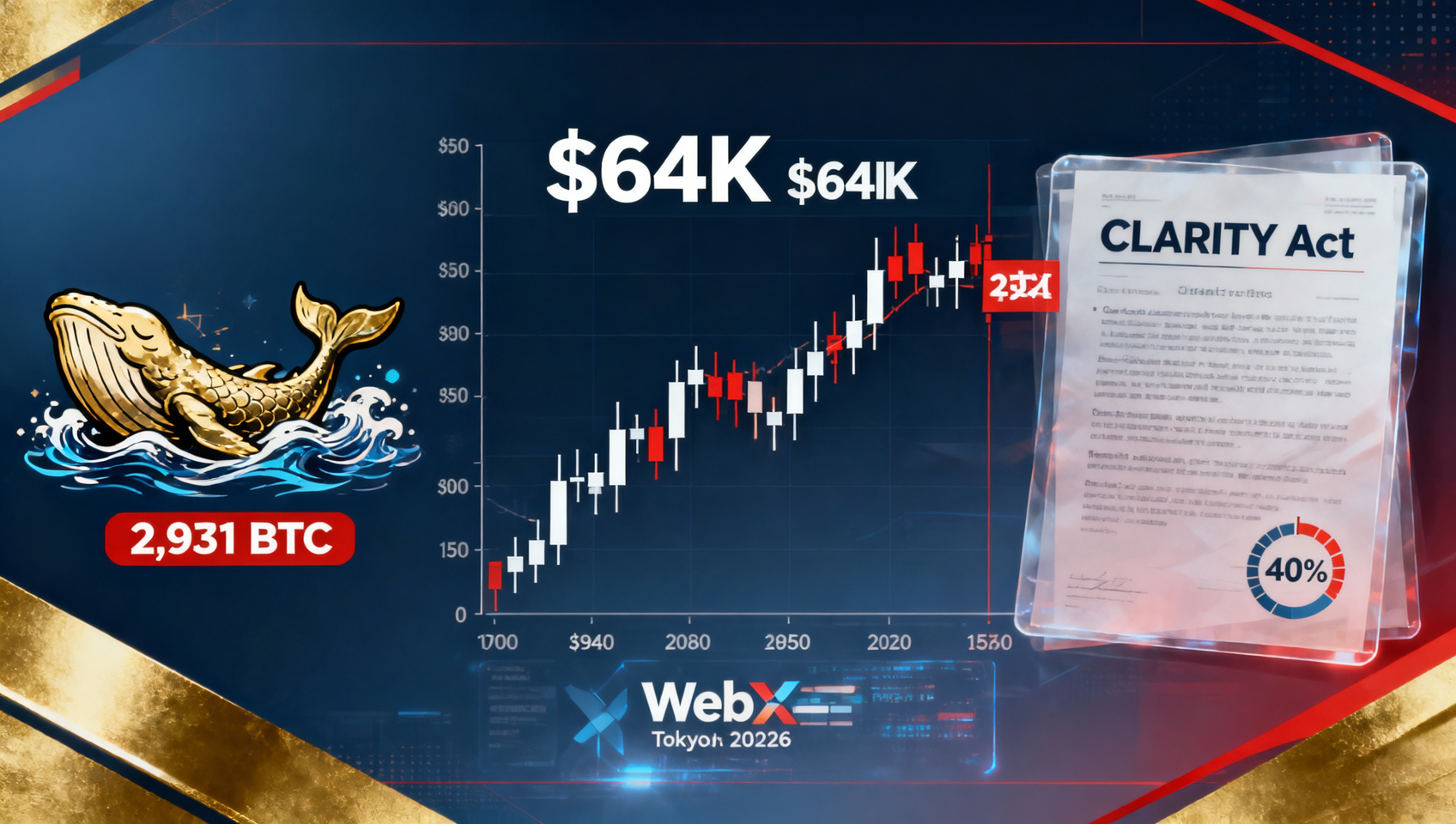 2026年7月13日币圈新闻深度评论 — BTC $64K盘整、7年巨鲸苏醒2,931 BTC获利10倍、CLARITY法案通过概率40%、Strategy售币争议、ETF终结8周流出$2.82亿、WebX 2026东京开幕、美伊冲突再升级