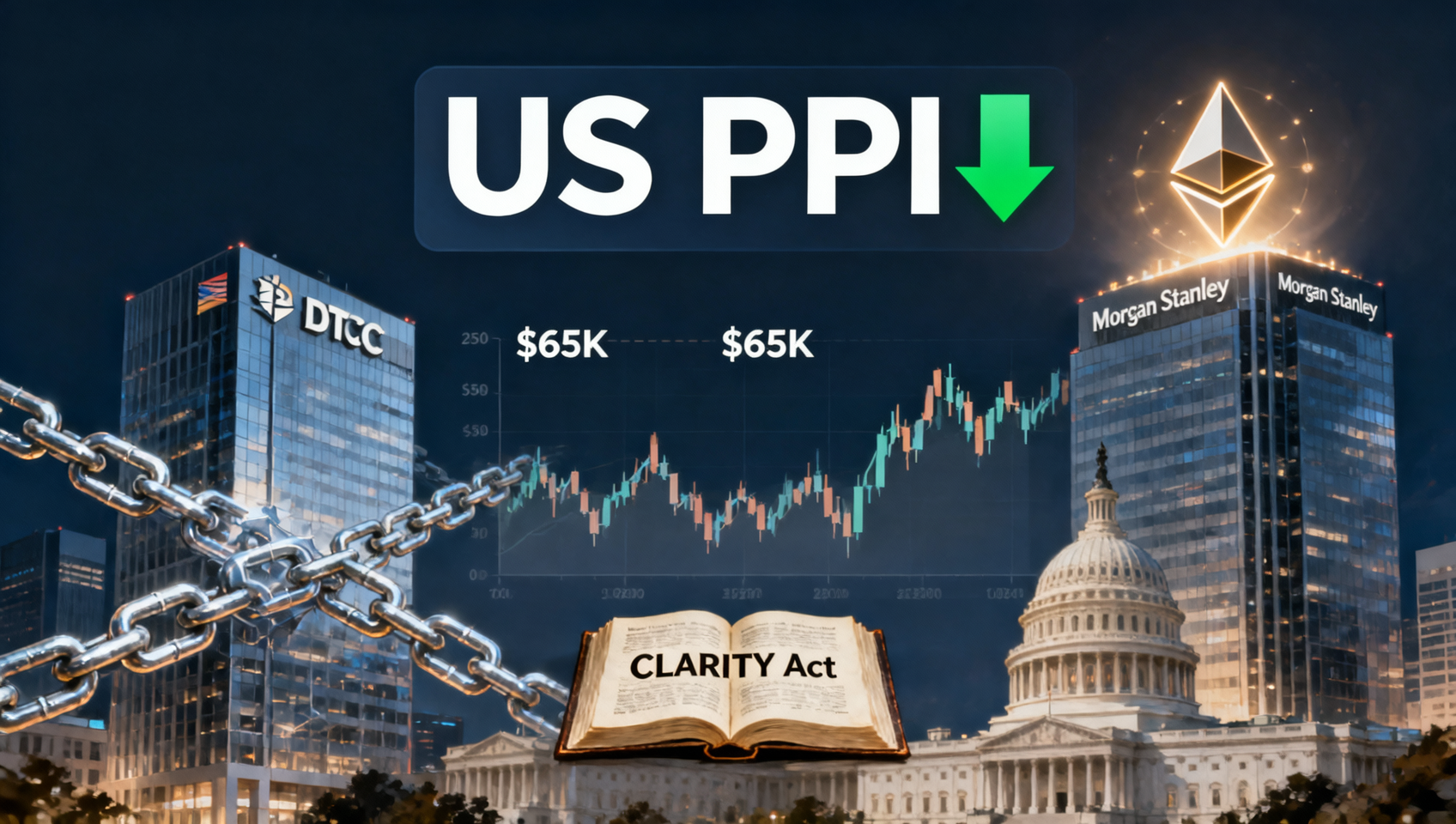 2026年7月16日币圈新闻深度评论 — BTC $64K-$65K盘整、PPI 5.5%不及预期加息概率暴跌至12%、DTCC联合40家机构代币化试点、摩根士丹利提交质押ETH ETF、ETH突破$1,900、CLARITY法案听证会、美伊冲突冻结$1.3亿加密钱包