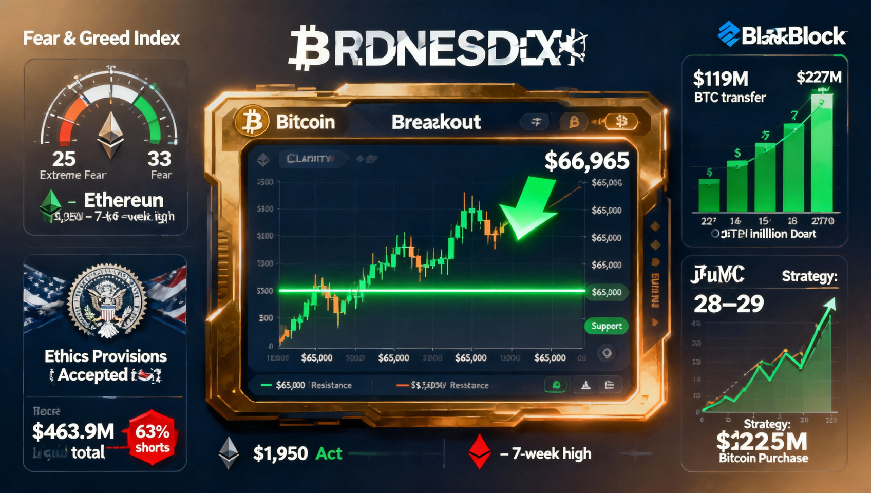 July 22 2026 crypto news deep review - BTC breaks $65K reclaims $66K high $66,965 ETF $727M 5-day inflow streak BlackRock transfers $119M BTC to IBIT CLARITY Act breakthrough White House ethics short squeeze $463.9M liquidated 63% shorts Fear and Greed 25 to 33 Ethereum tests $1,950 7-week FOMC July 28-29 countdown Strategy buys $225M BTC
