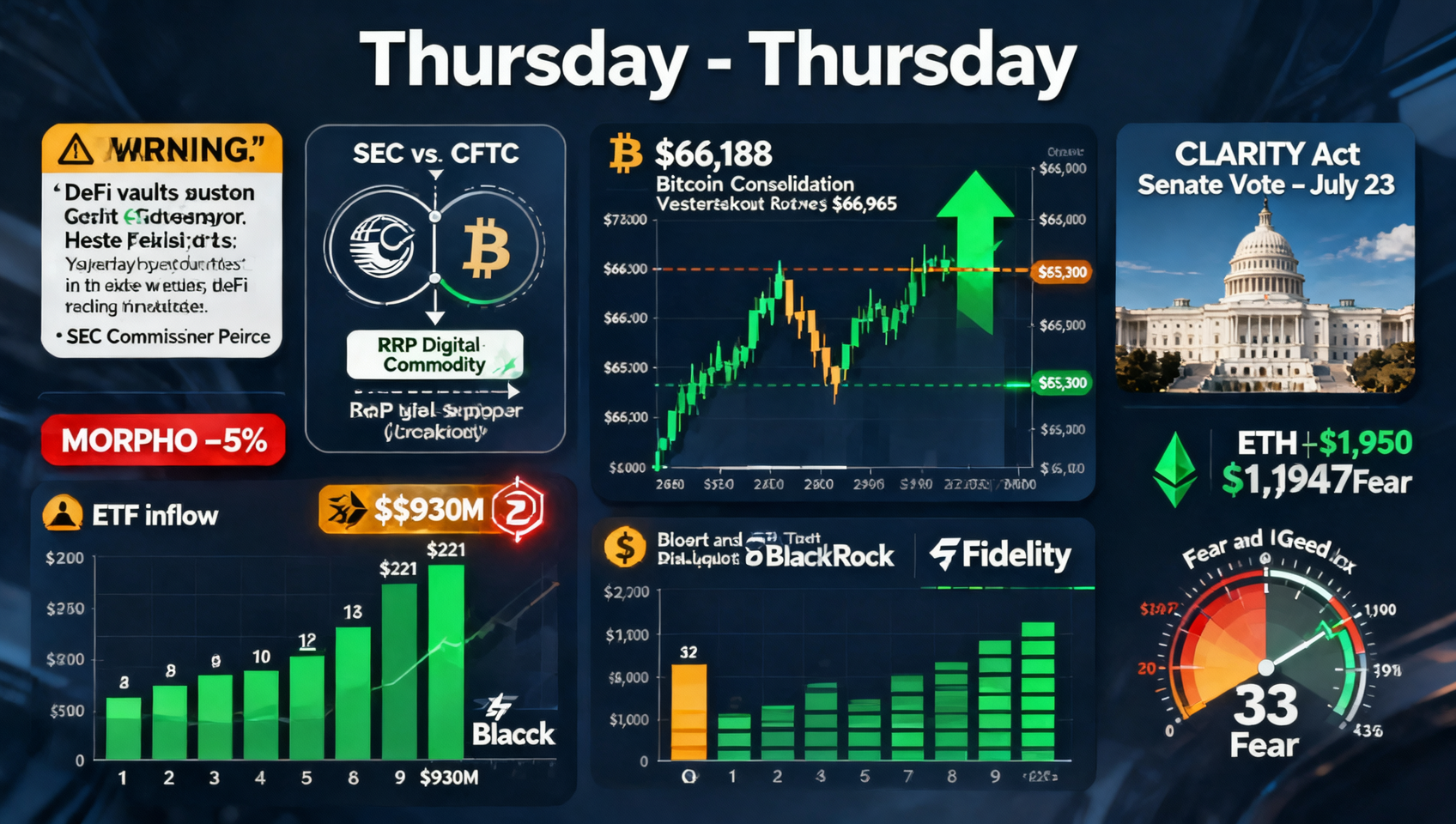 2026年7月23日币圈新闻深度评论 — BTC $66,188 $66K上方整固 24h -0.3% 消化$65K突破获利盘 CLARITY法案参院今日投票 SEC CFTC管辖划分 XRP或归为数字商品 ETF六连流入$9.3亿 4月来最长连入 SEC加密妈妈Hester Peirce警告DeFi金库可能被视为证券 MORPHO跌5% FOMC 7月28-29日 恐惧贪婪33 ETH $1,947 +1.3% MiCA过渡期结束