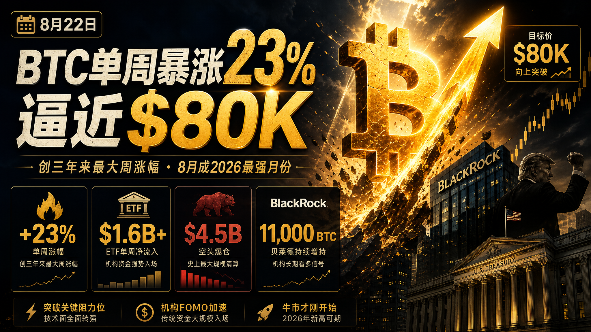 8月22日：美国财政部债务回购翻倍+特朗普力推加密立法 — BTC单周暴涨23%逼近$80K创三年来最大周涨幅、ETF周流入超$16亿8月成2026最强月份、$45亿空头三日被清算、贝莱德两日扫货1.1万枚BTC、渣打称$10万目标或已保守