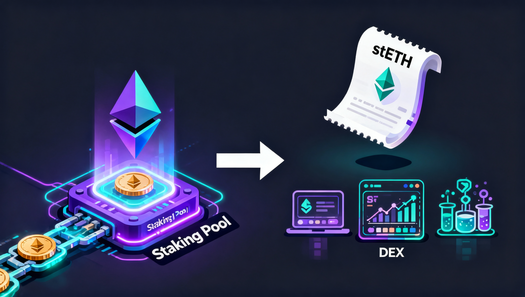 流动性质押示意图：左侧ETH存入Lido或Rocket Pool等质押池，右侧获得stETH/rETH收据代币，可在Aave、Curve等DeFi协议中继续使用，实现一鱼多吃
