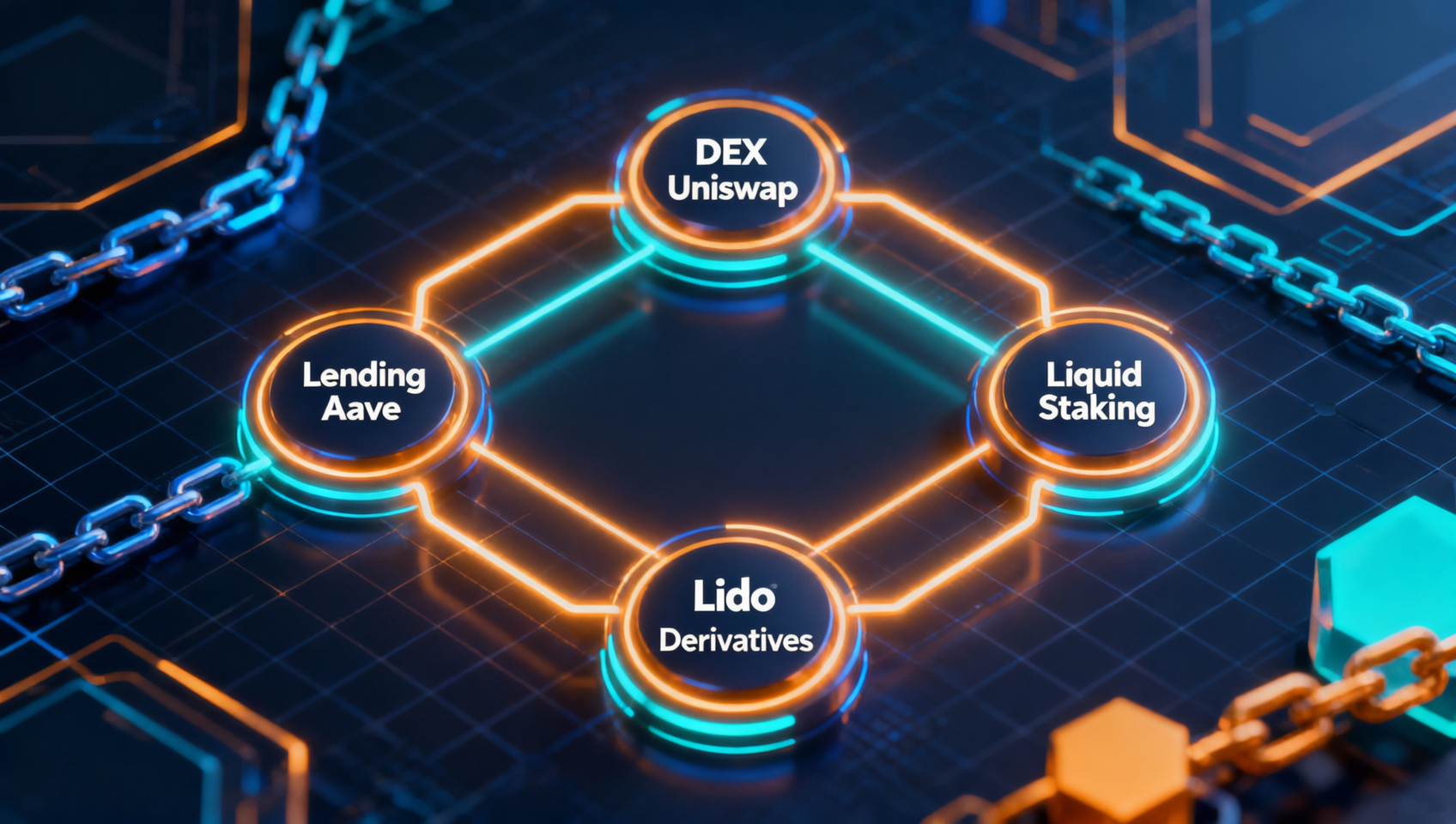 DeFi四大核心赛道架构图：展示借贷（Aave/Compound）、DEX（Uniswap/Curve）、流动性质押（Lido/Rocket Pool）、衍生品（dYdX/GMX）四个板块，使用互连节点风格的扁平化设计，深蓝底色，白色节点连接线，暗色科技风格，英文标注无中文文字