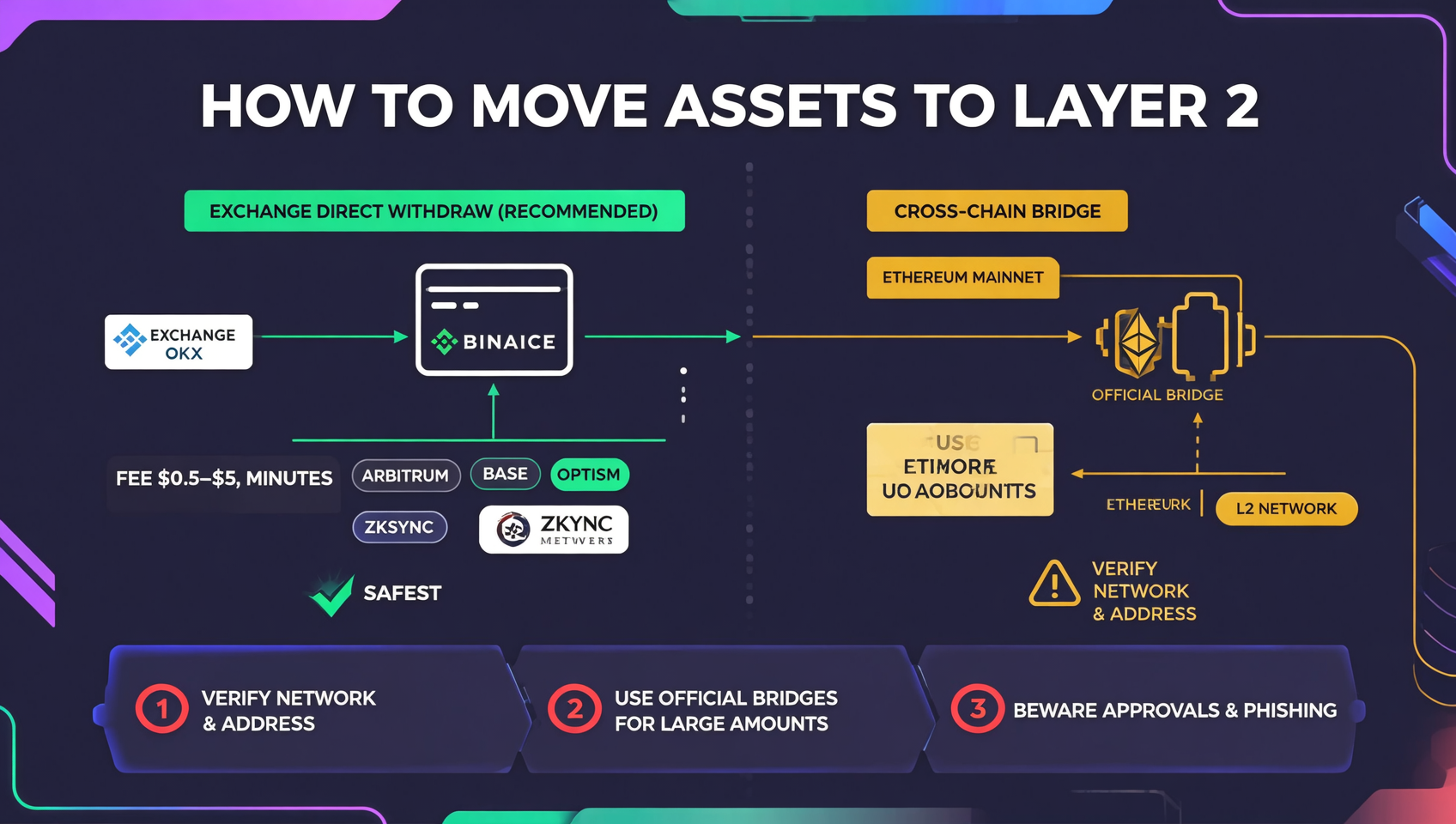 Layer 2跨链实操信息图：交易所直提vs跨链桥两条路径对比、L2提币网络选择、跨链安全提示，深色科技风