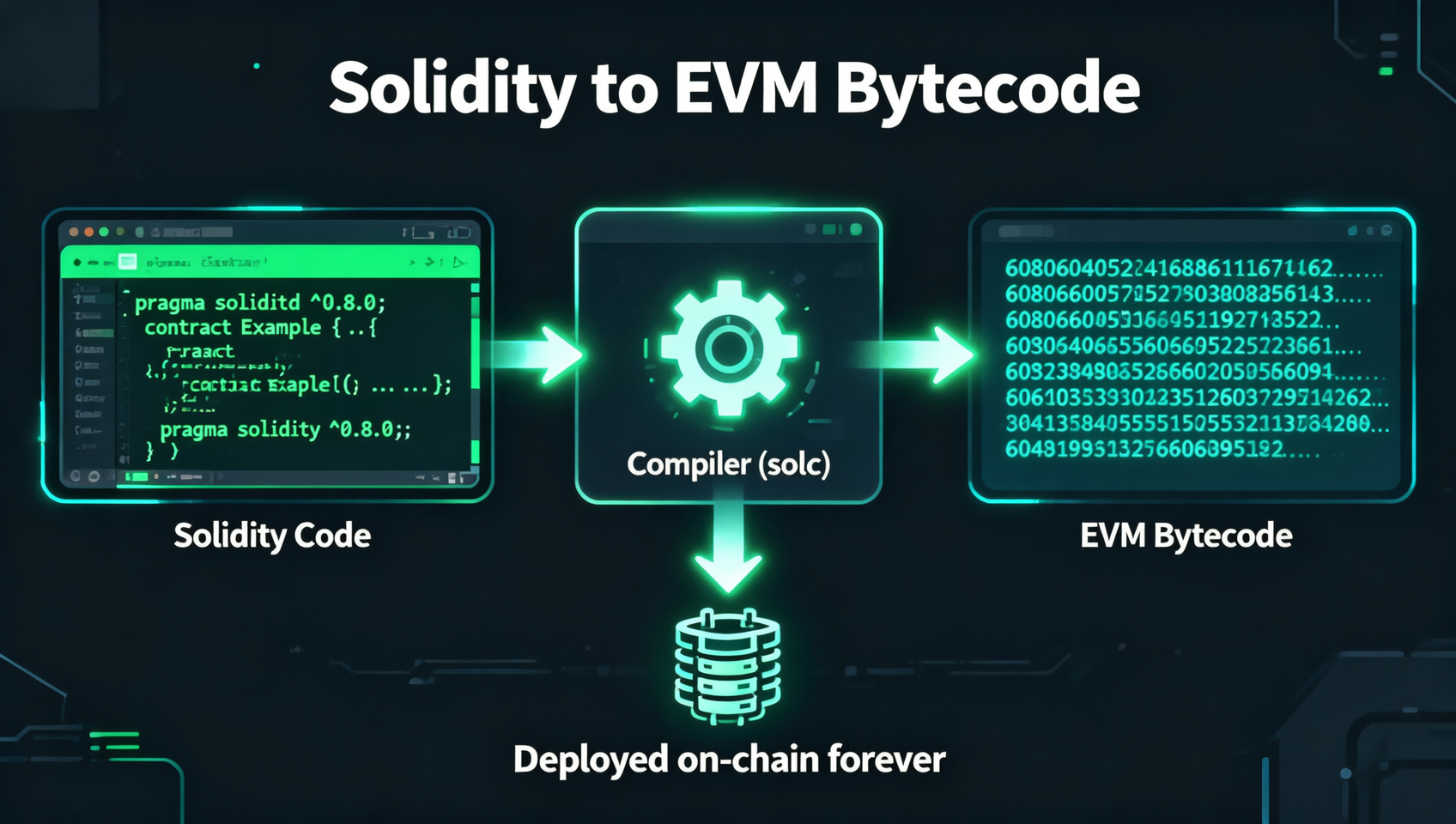Solidity 到 EVM 字节码编译流程示意图：.sol 源文件经编译器翻译成 EVM 字节码、部署上链、被调用执行，深色科技风信息图表