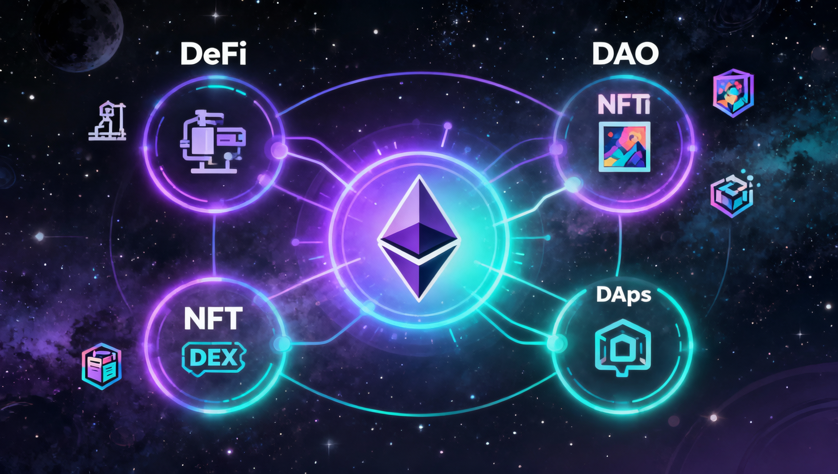 以太坊生态图，展示 DeFi、NFT、DApp、DAO 等组成的生态全景，信息图风格