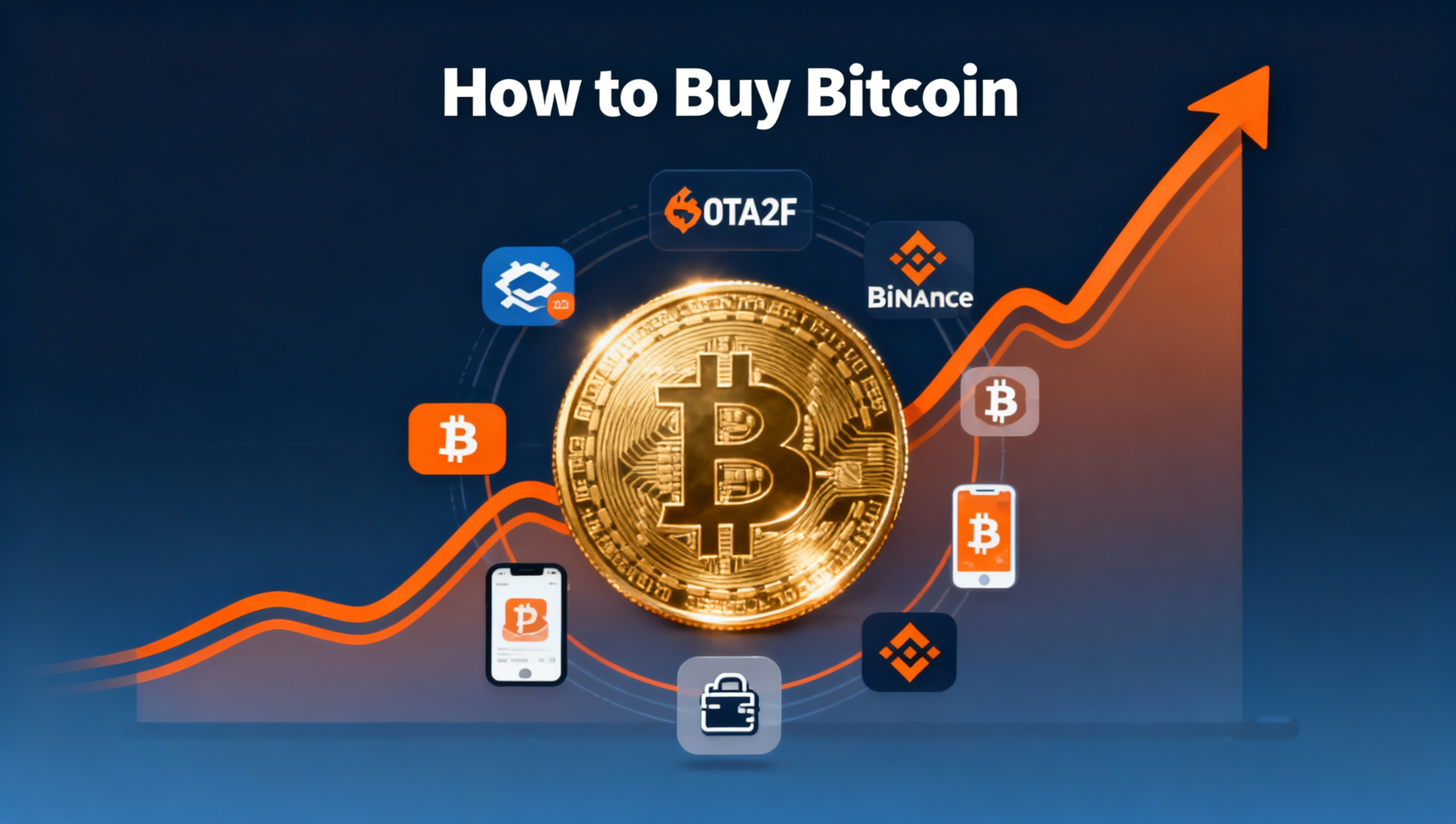 Guía para comprar Bitcoin 2026, moneda de Bitcoin con iconos de plataformas de exchange y seguridad de cartera