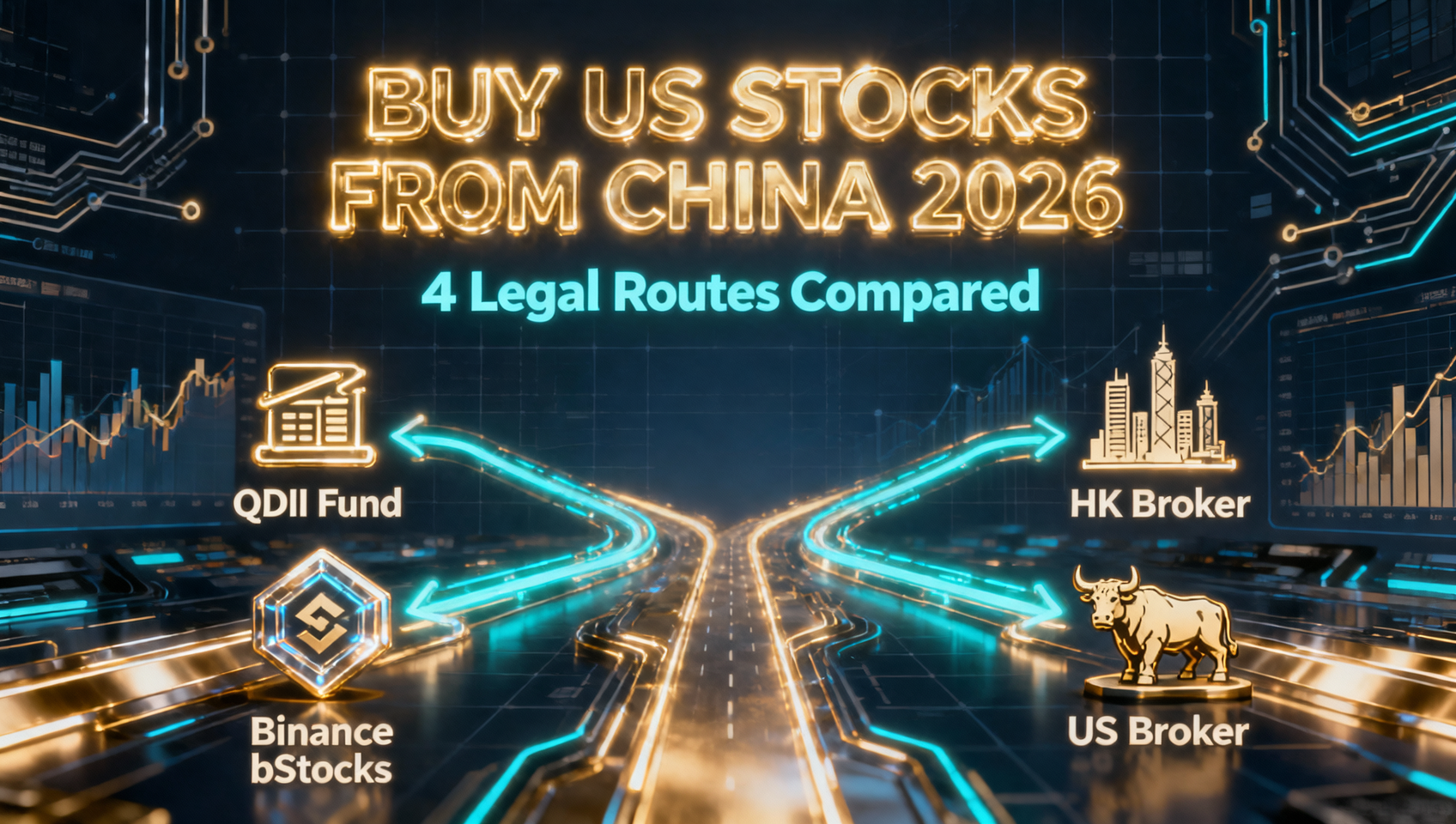 国内买美股四条渠道对比2026封面——QDII基金、港美股券商、美国券商、币安代币化美股四条路径，深色科技风信息图