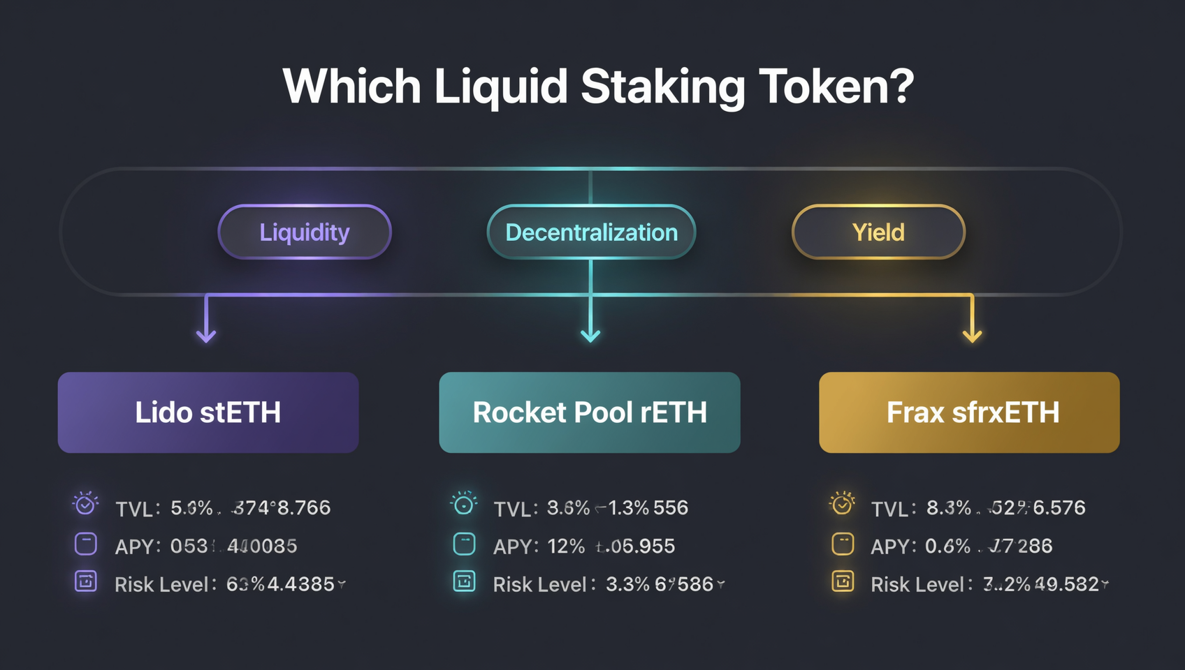 Lido vs Rocket Pool vs Frax 决策流程概念图：顶部按「流动性 / 去中心化 / 收益」三个需求分流，分别指向 stETH、rETH、sfrxETH 三张卡片，深色科技风信息图表