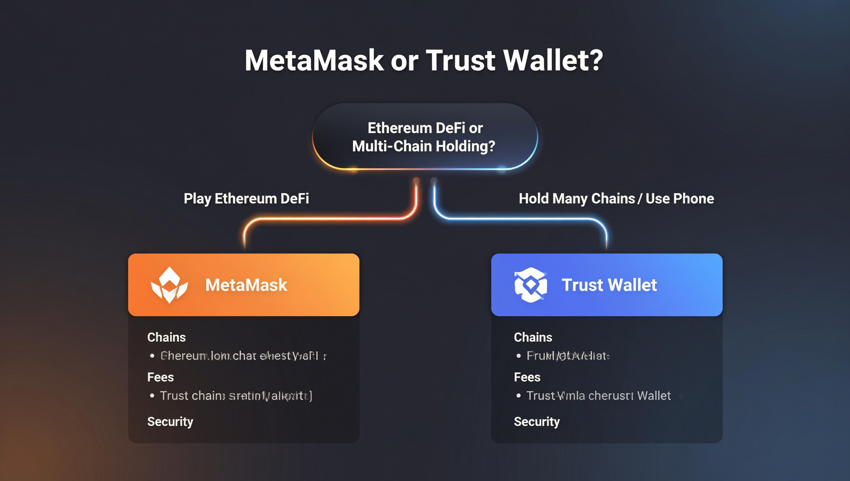 MetaMask vs Trust Wallet 决策流程概念图：先按「玩以太坊 DeFi 还是多链持币」分流，再选择 MetaMask 或 Trust Wallet，深色科技风信息图表
