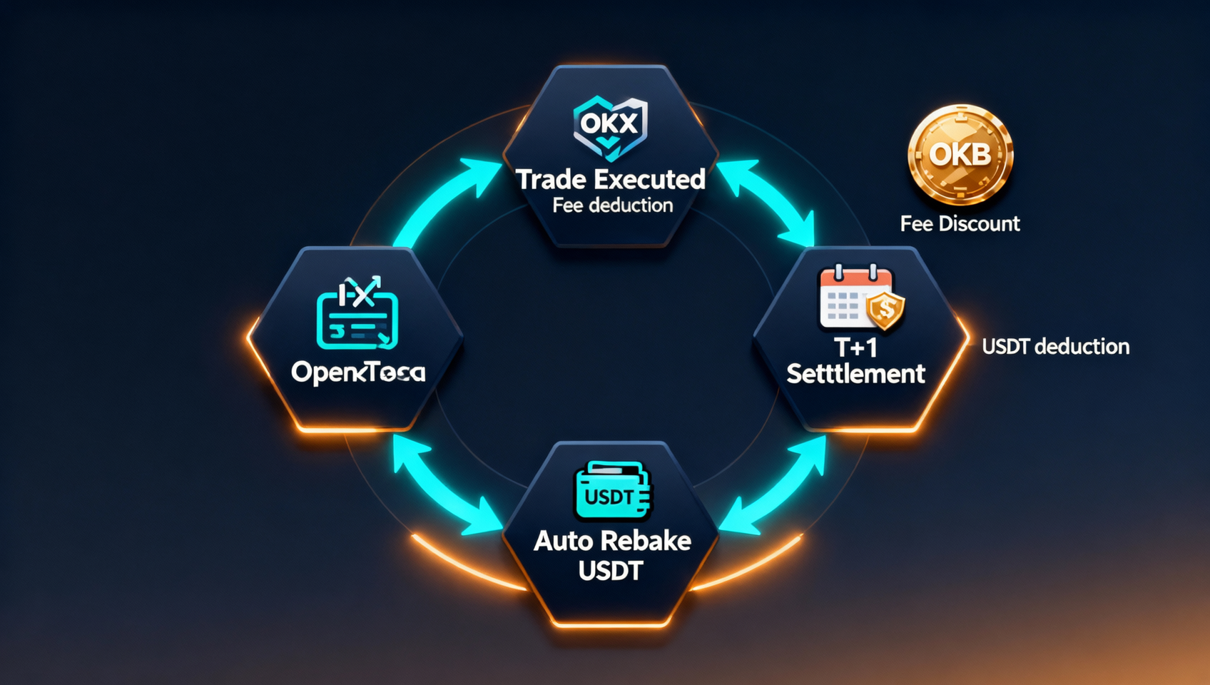 OKX rebate workflow diagram showing the complete cycle from trade execution to T+1 automatic USDT rebate deposit