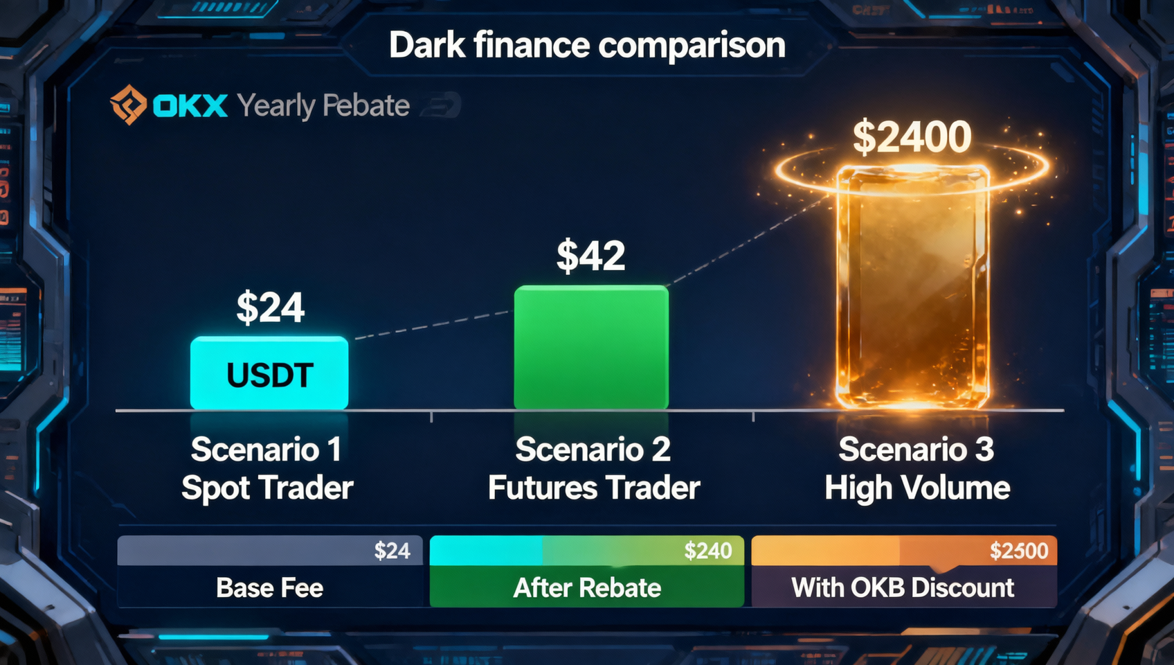 OKX fee savings comparison chart showing base fee vs OKB discount vs referral rebate vs stacked savings across three trader scenarios