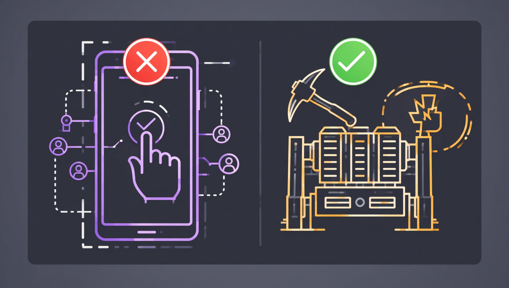 Pi Network's "mobile mining" versus Bitcoin's PoW mining: one spends real computing power, the other is just a daily check-in