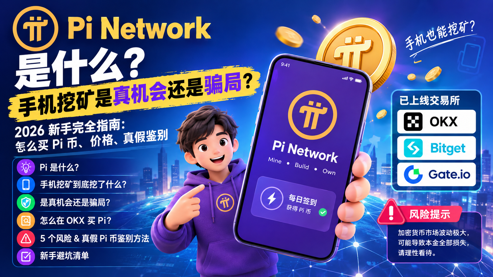 Pi Network 是什么？手机挖矿是真机会还是骗局（2026 新手完全指南：怎么买 Pi 币、价格、真假鉴别）