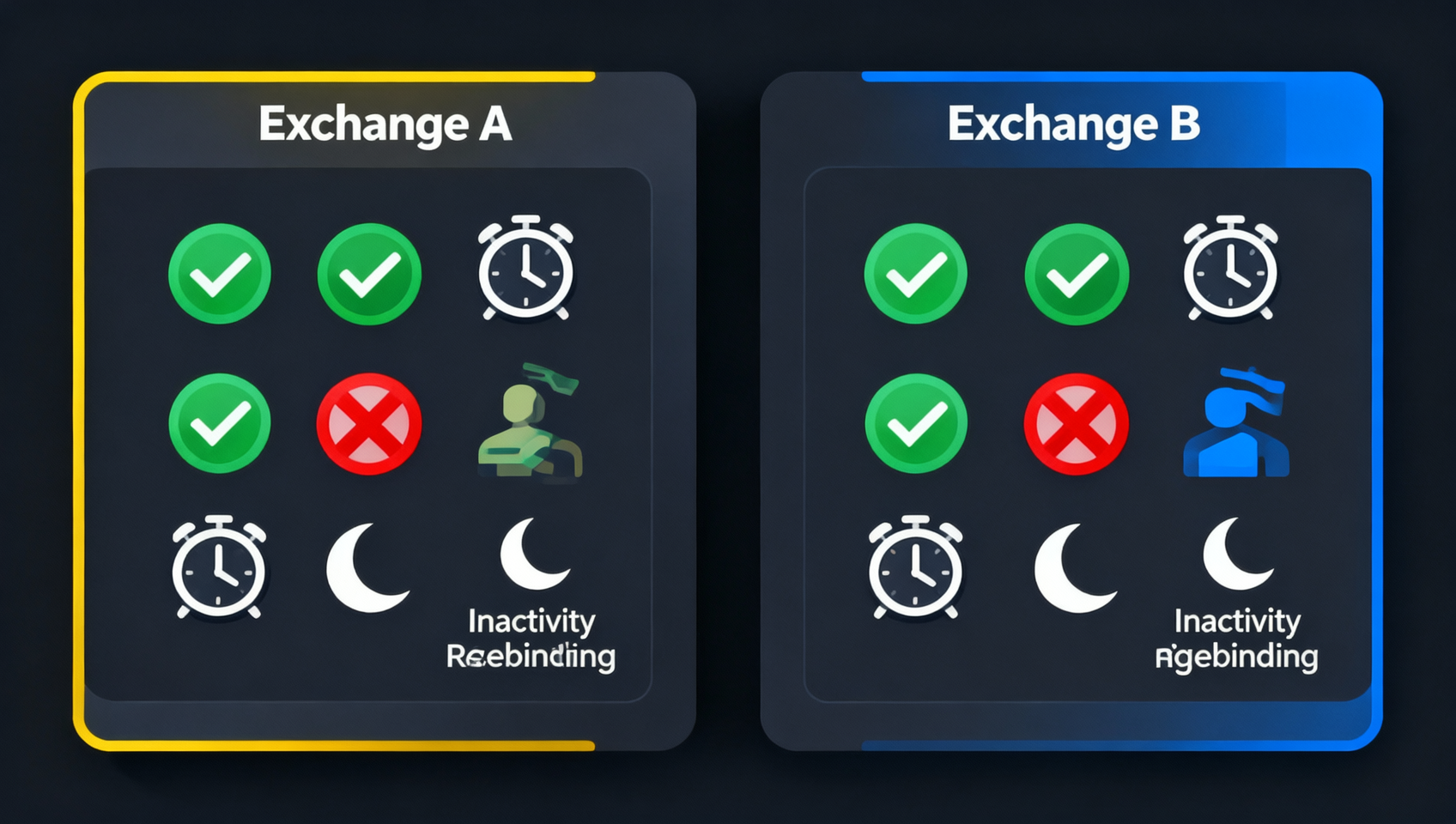 Side-by-side comparison table of Binance rebind-add rules versus OKX recall-rebind rules for existing users