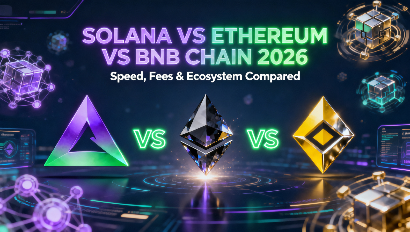 Solana vs Ethereum vs BNB Chain 2026 深度对比：速度、费率、生态与选哪条（附30秒决策表）