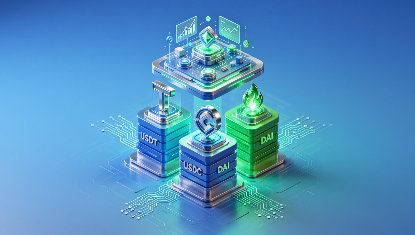 USDT、USDC、DAI 三大稳定币概览 - 加密货币金融基础设施示意图