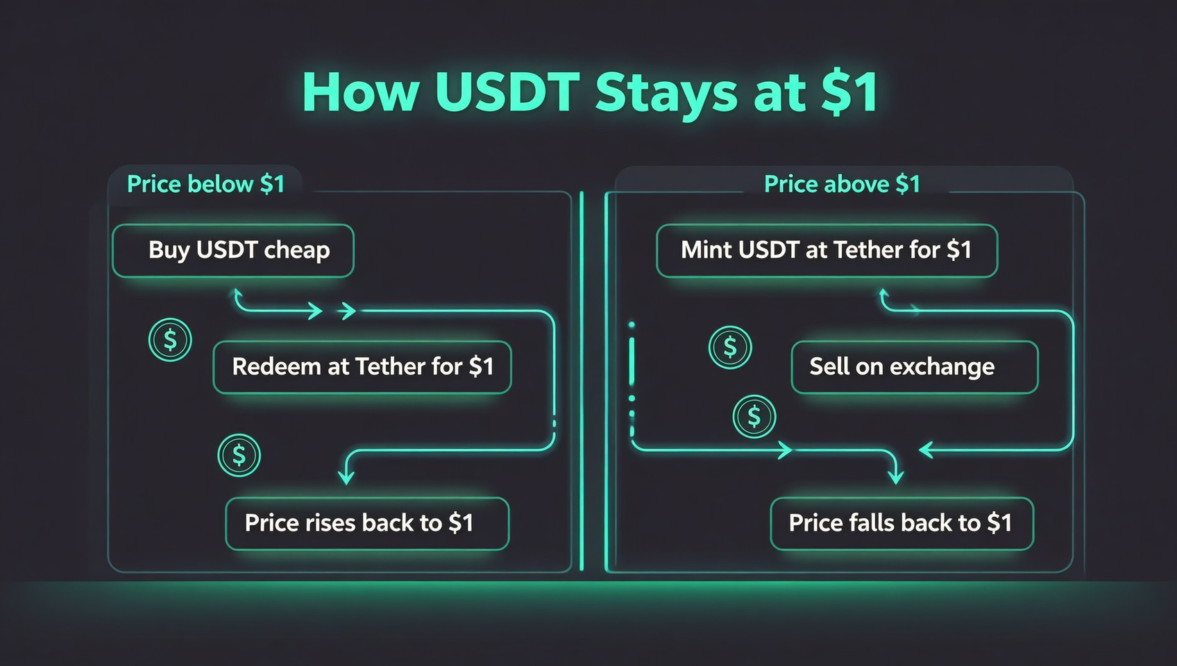 USDT 锚定机制示意图：价格跌破 $1 时买入赎回、涨过 $1 时铸币卖出，套利把价格摁回 $1，深色科技风信息图表