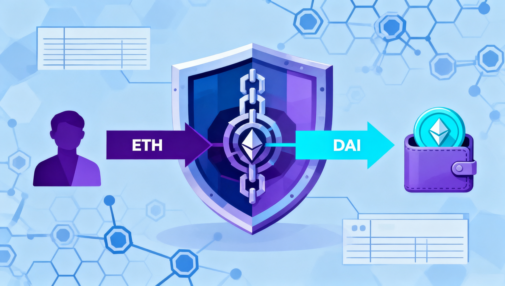 Diagrama del mecanismo de funcionamiento de la stablecoin descentralizada DAI, que muestra el proceso completo de un usuario que deposita ETH para generar DAI