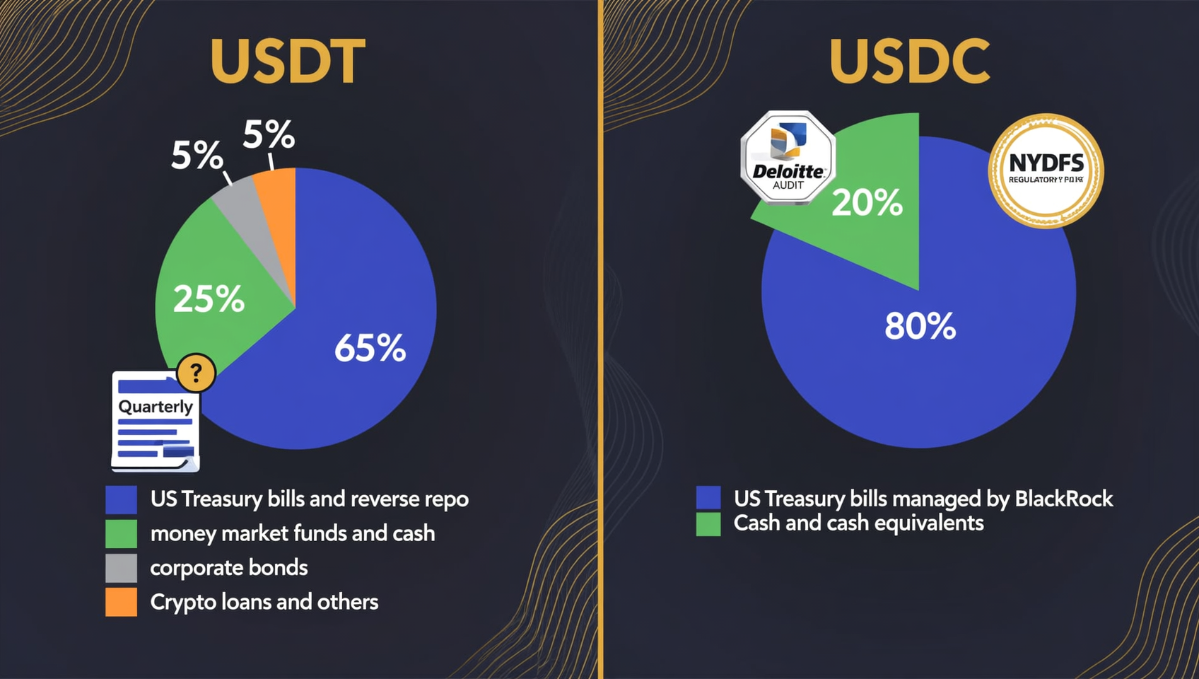 USDT vs USDC 储备金构成对比图——Tether与Circle的资产配置差异